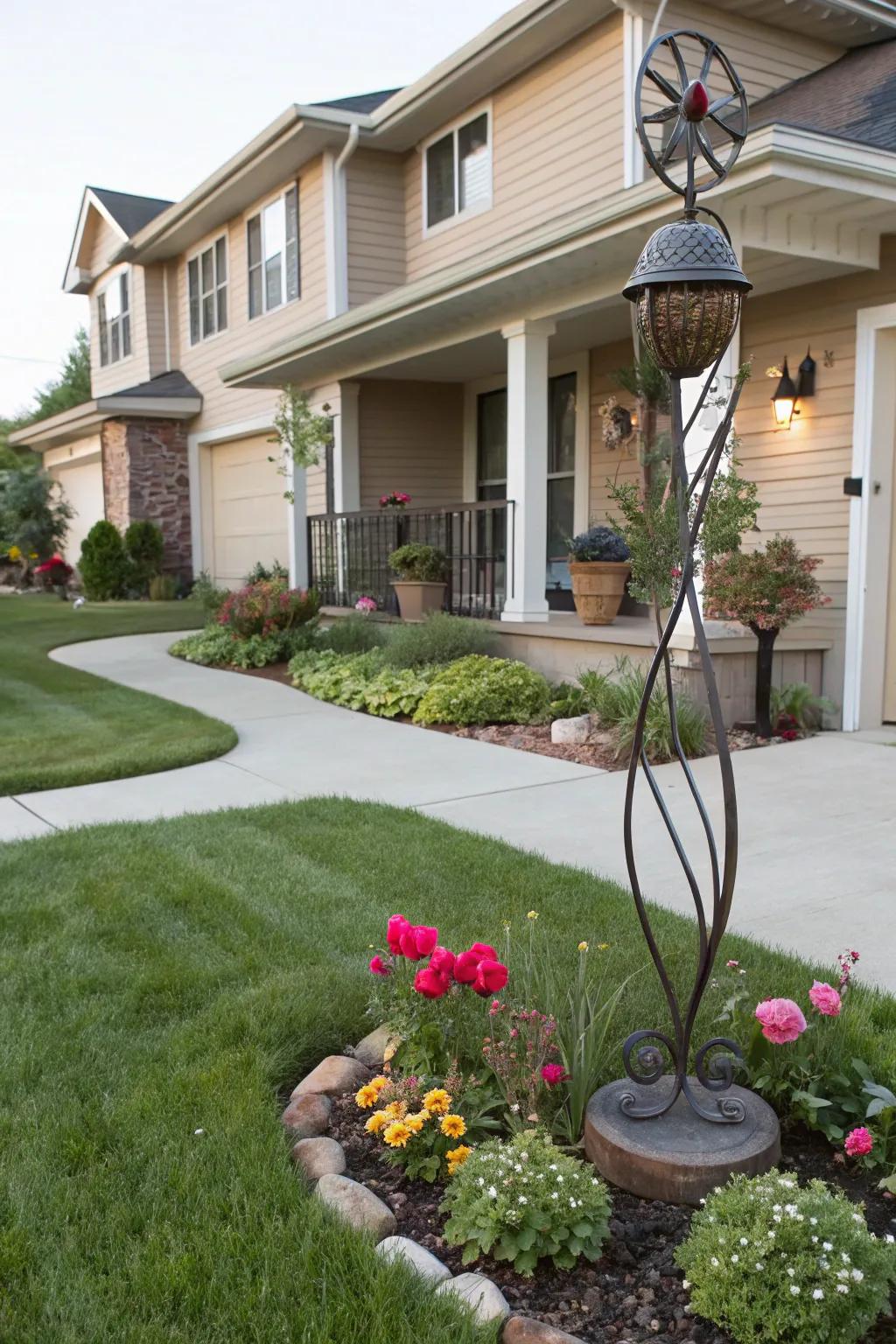 An artistic focal point enhancing the appeal of a townhouse front yard.