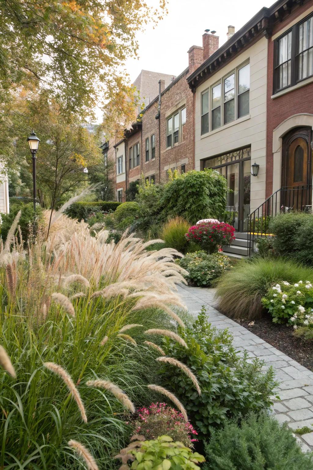 A variety of ornamental grasses adding texture to a townhouse garden.
