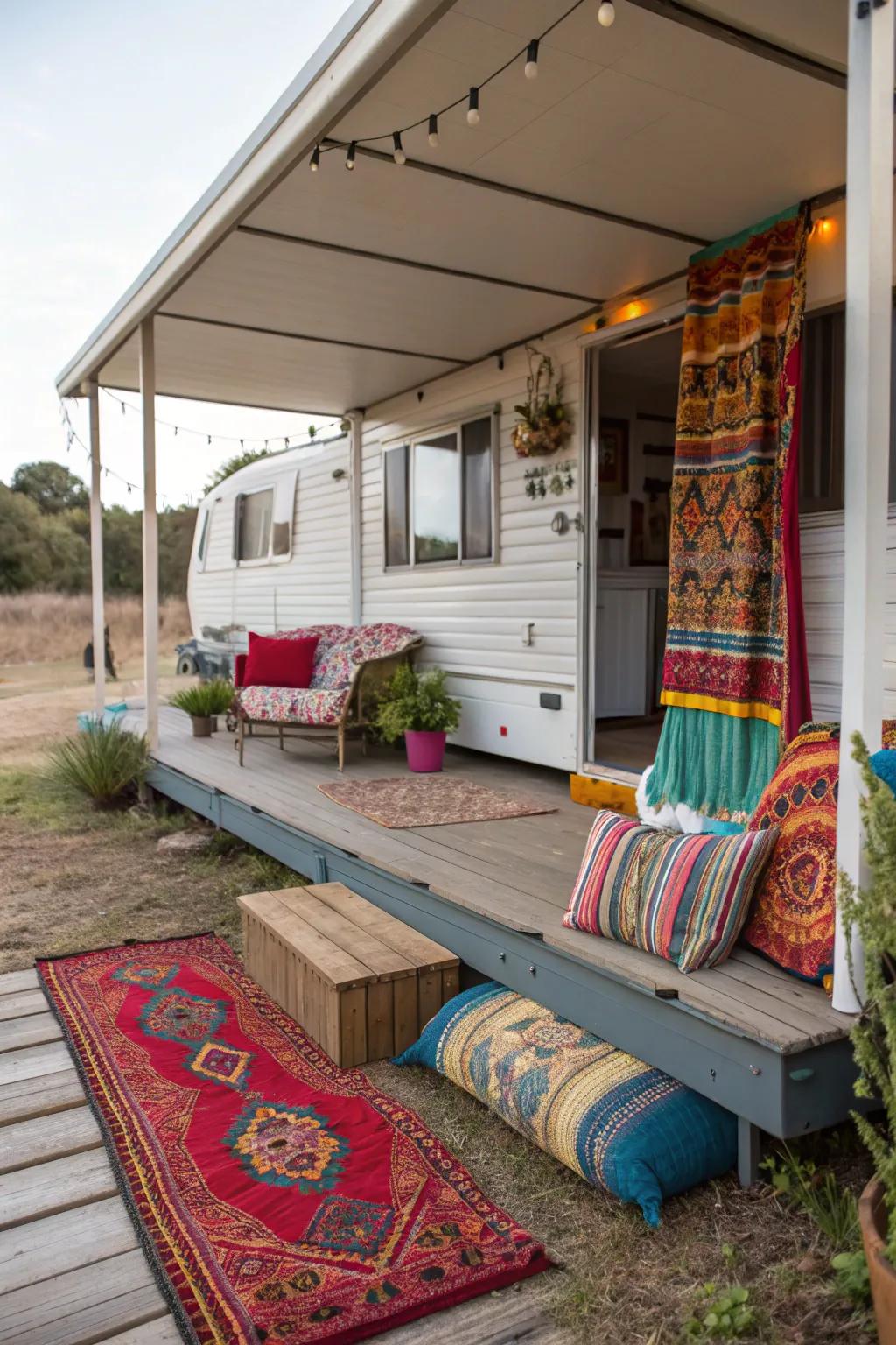 A trailer front porch made cozy with colorful textiles.