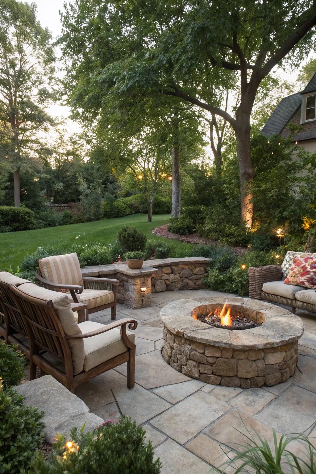 A cozy garden retreat centered around a welcoming fire pit.