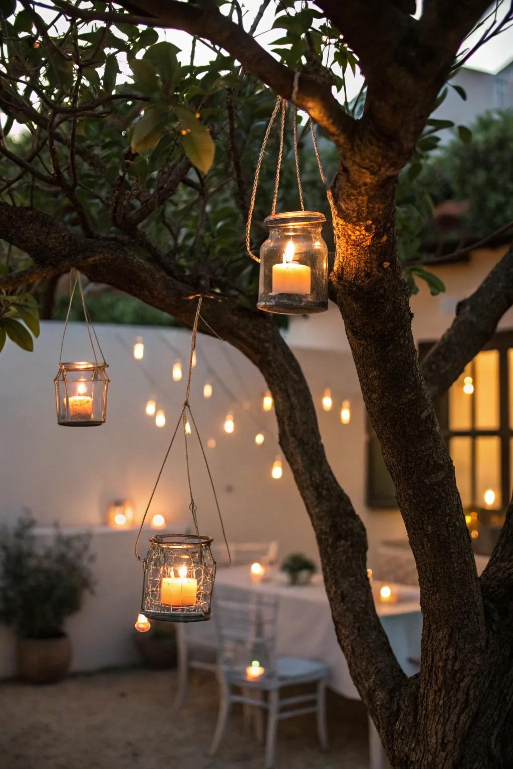 Tree casting a warm glow with tea light holders