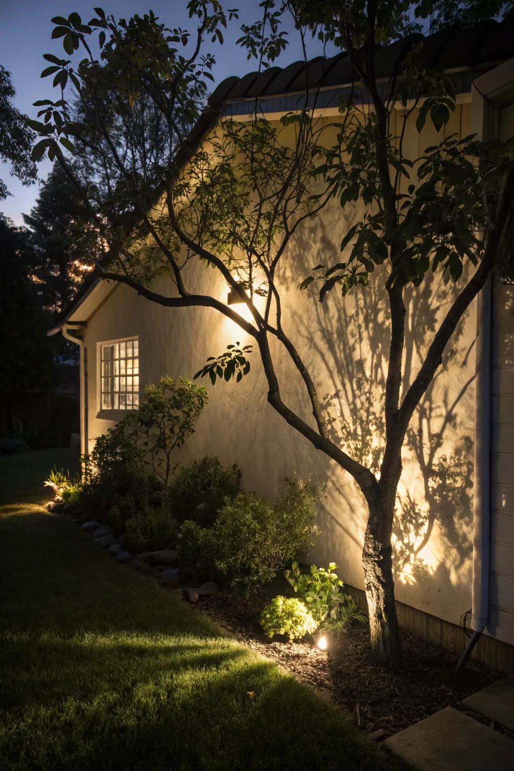 Spotlights create dramatic shadows for evening drama.