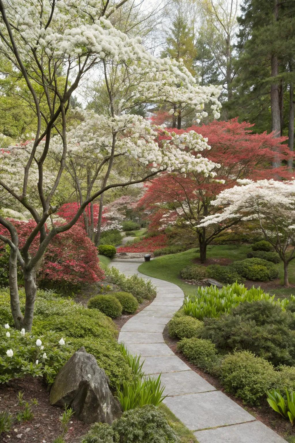 Add seasonal interest with small, vibrant trees.