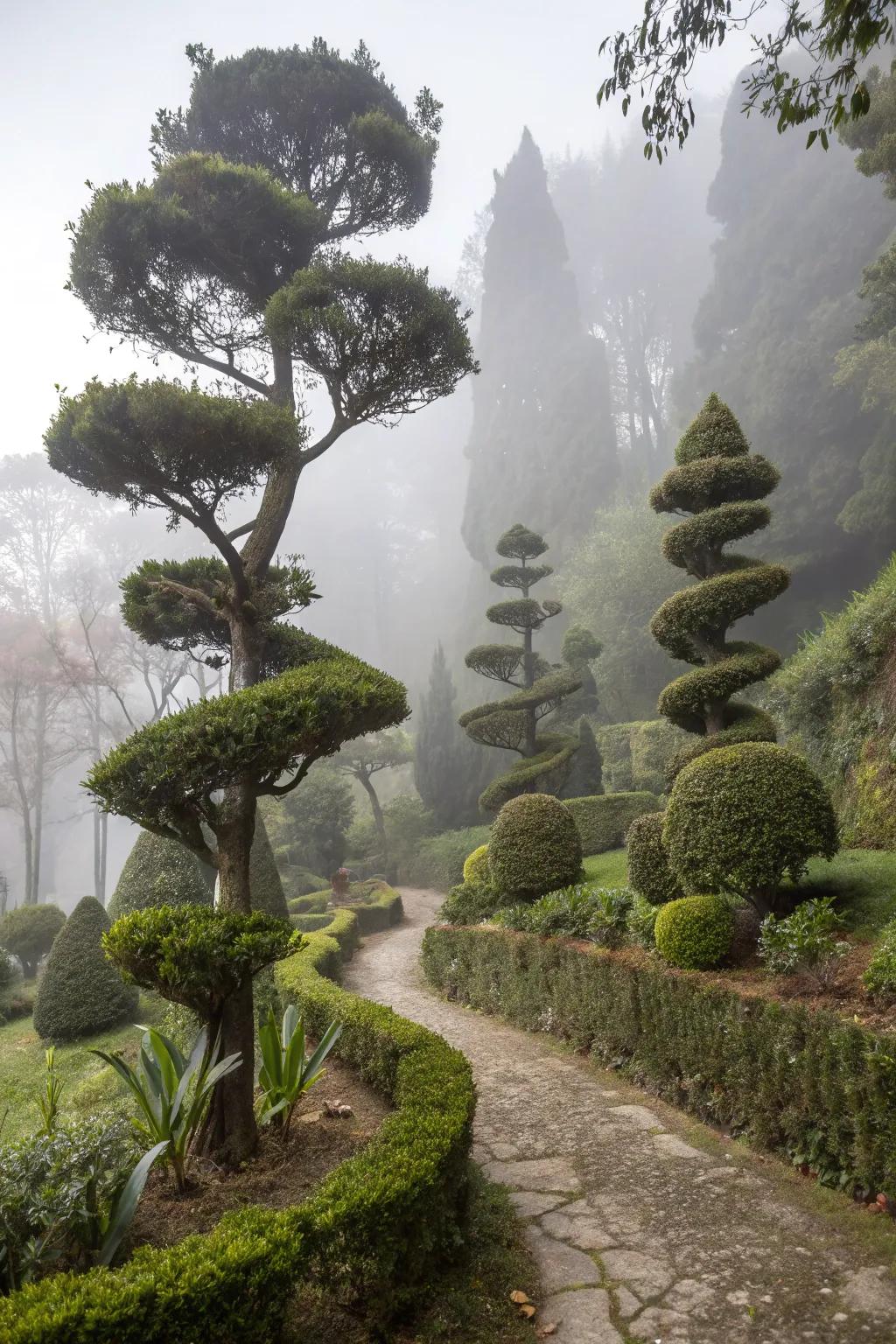 Mystical tree spirals add an enchanting element to the garden.