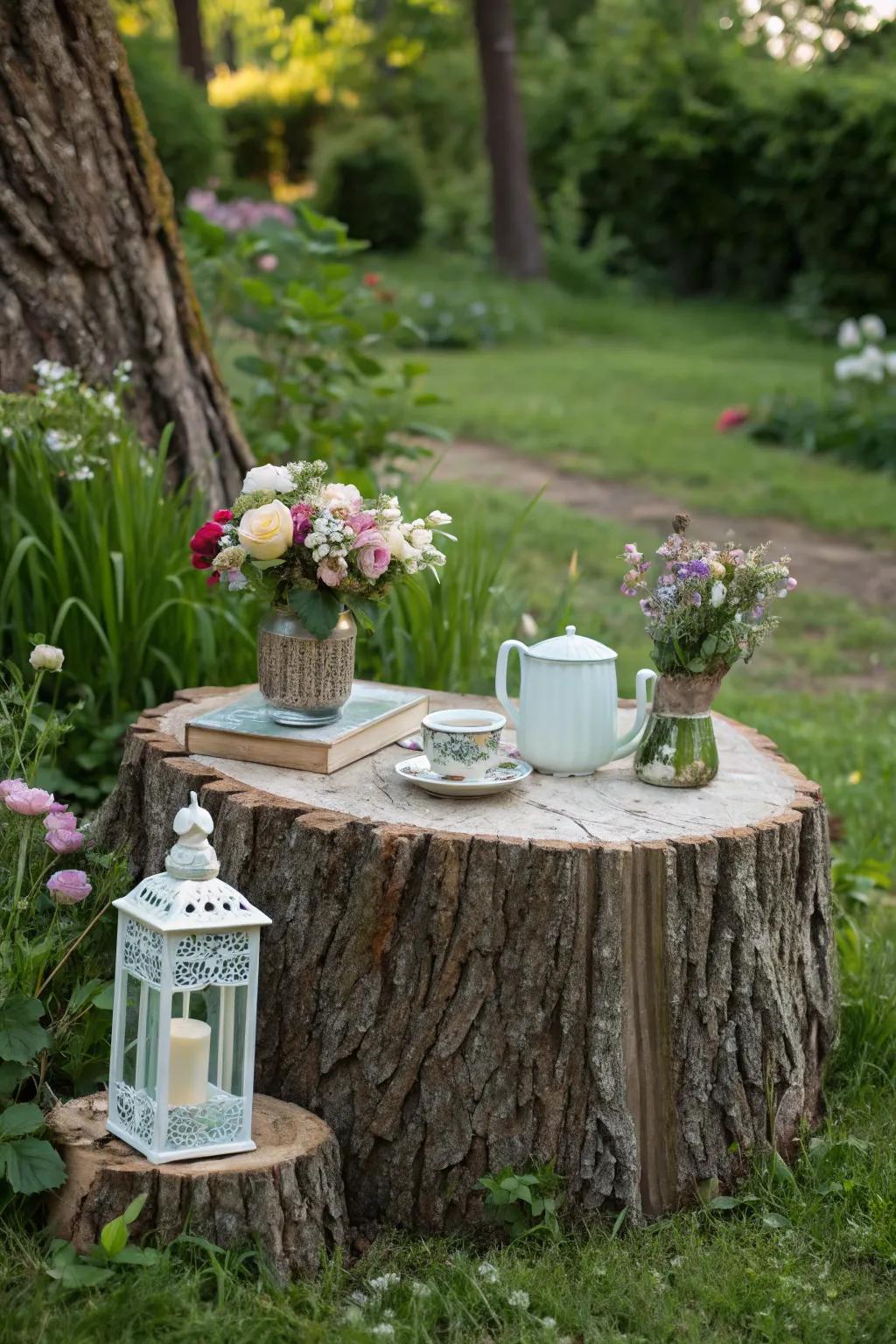 A natural tabletop crafted from a tree stump.