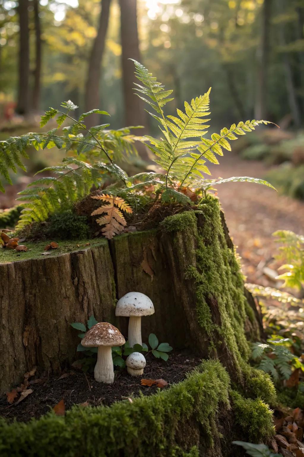 A woodland mushroom display adds forest charm.