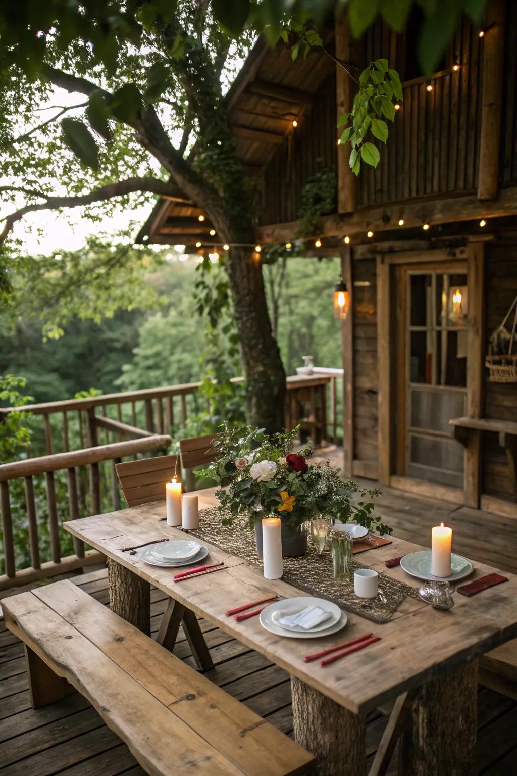 Reclaimed wood dining tables are perfect for rustic treehouse dining.