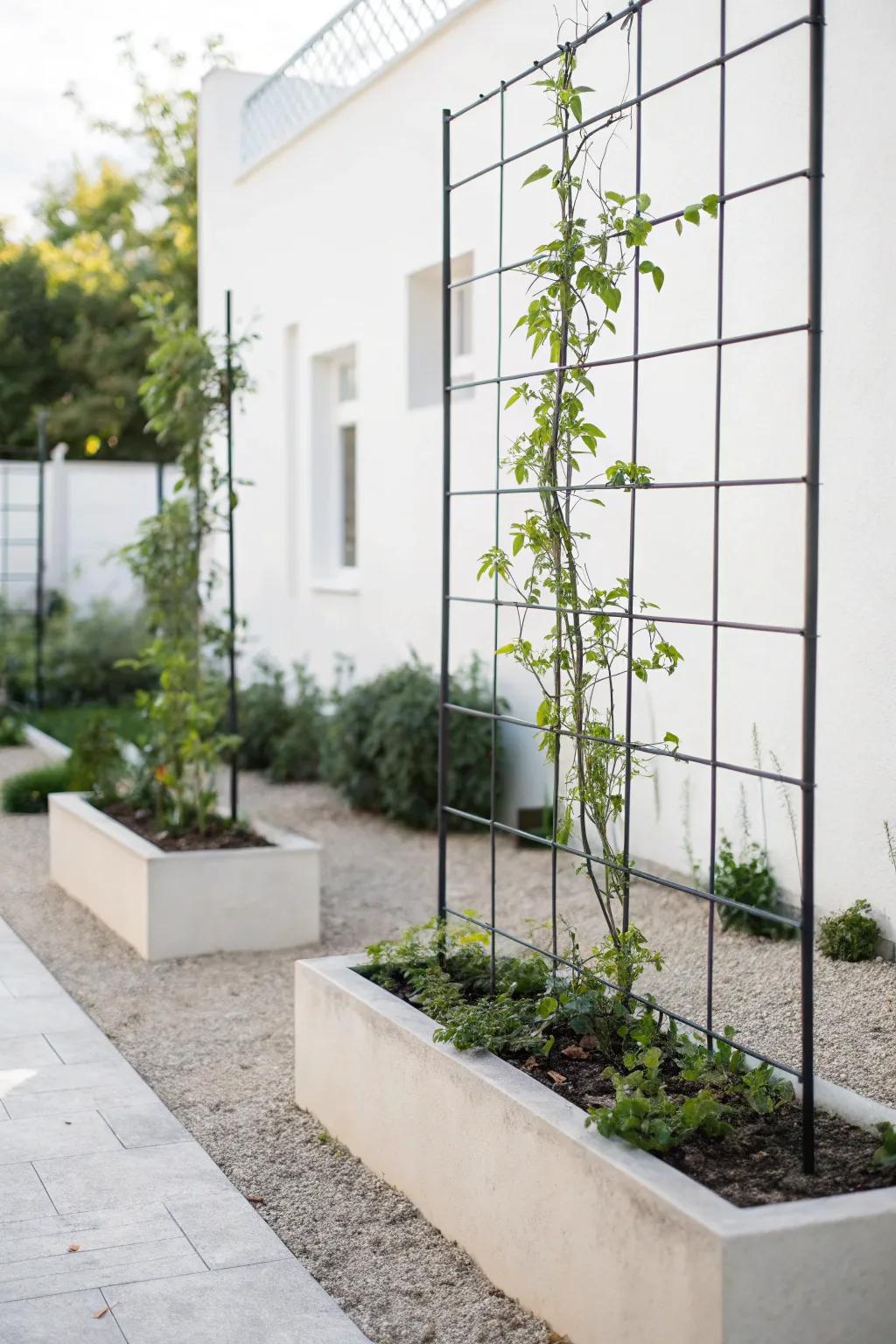 A sleek metal wire trellis in a minimalist garden setting.