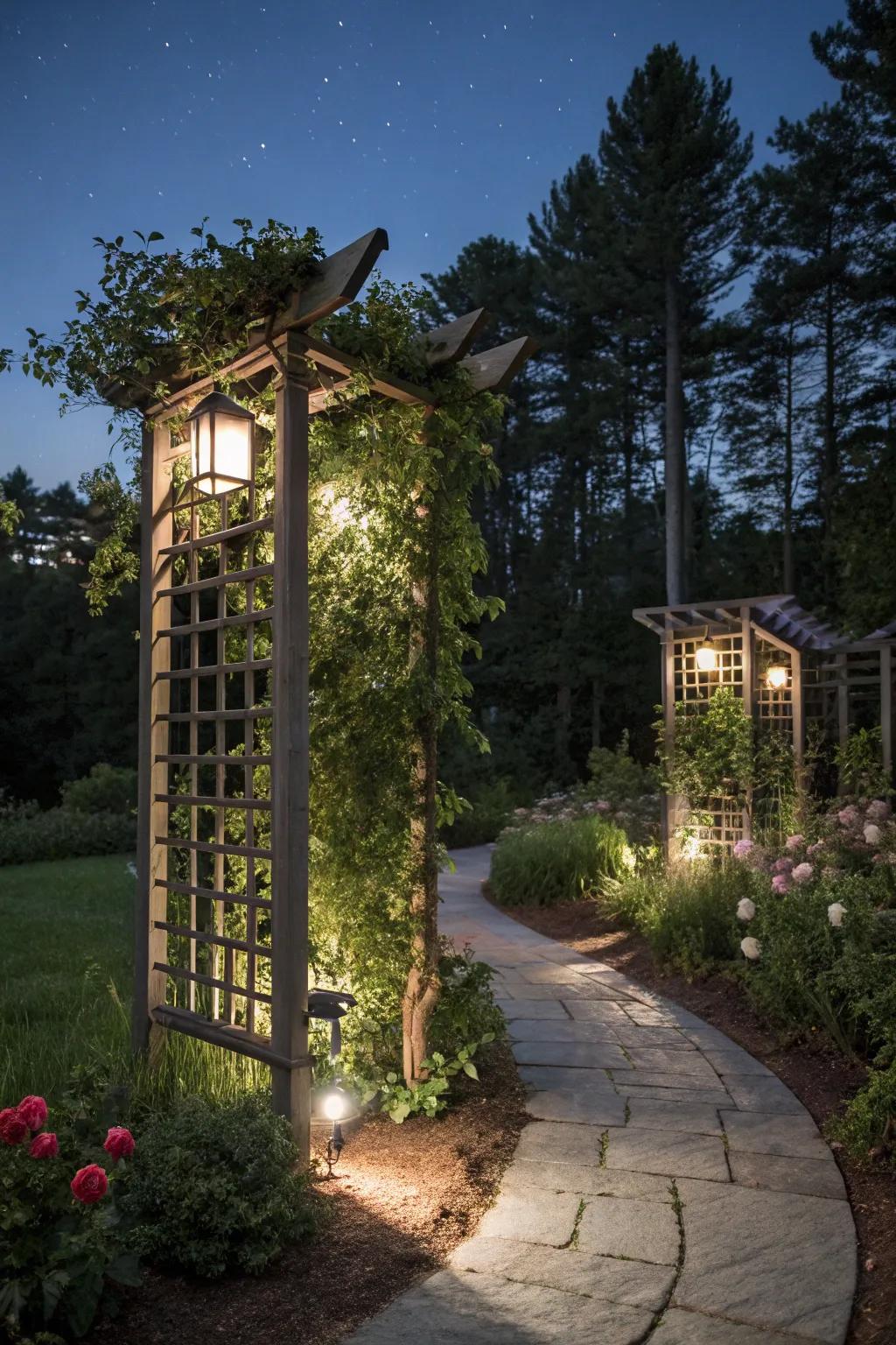 A trellis with solar lights creates an enchanting evening display.