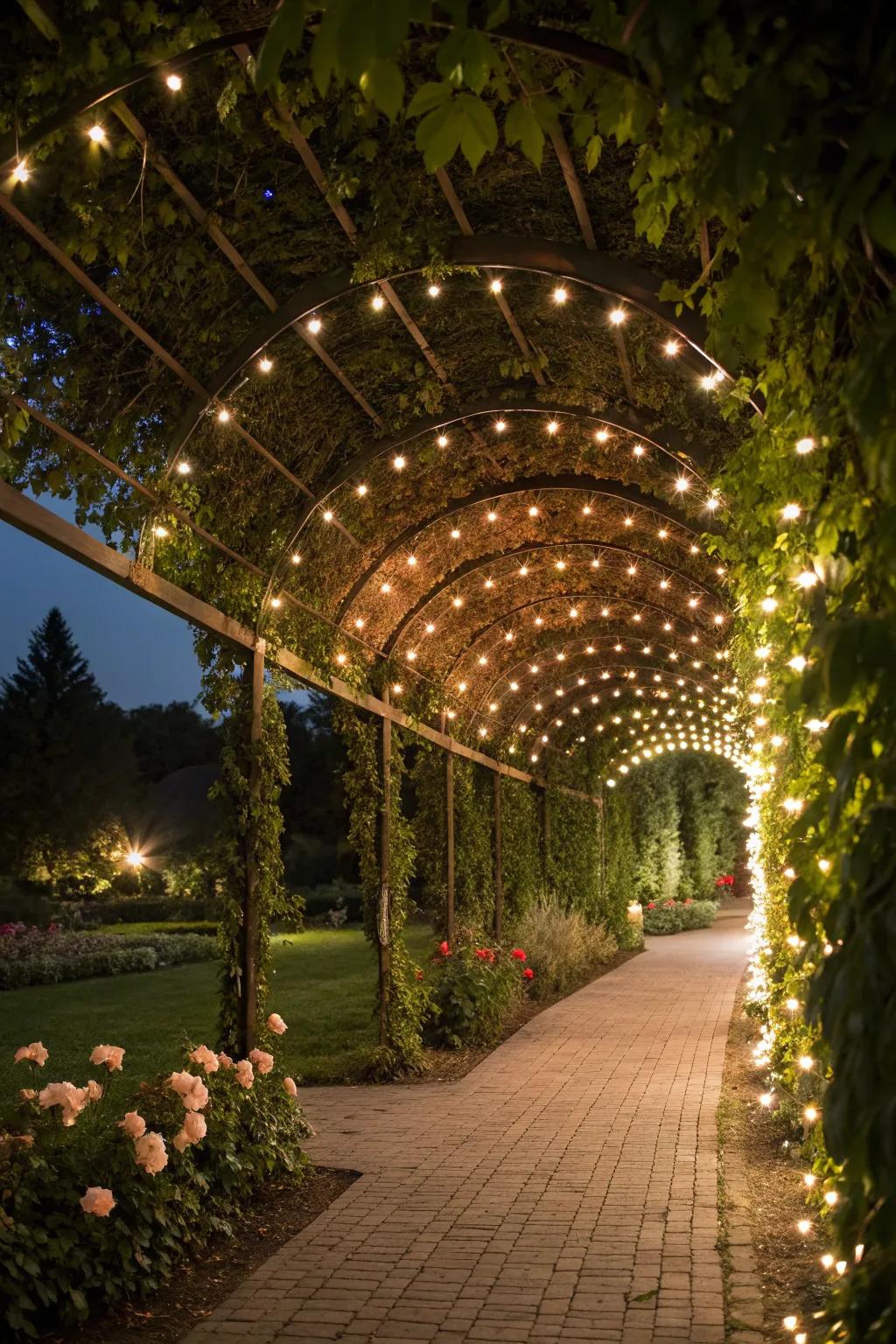 An enchanted evening under a trellis tunnel with string lights.