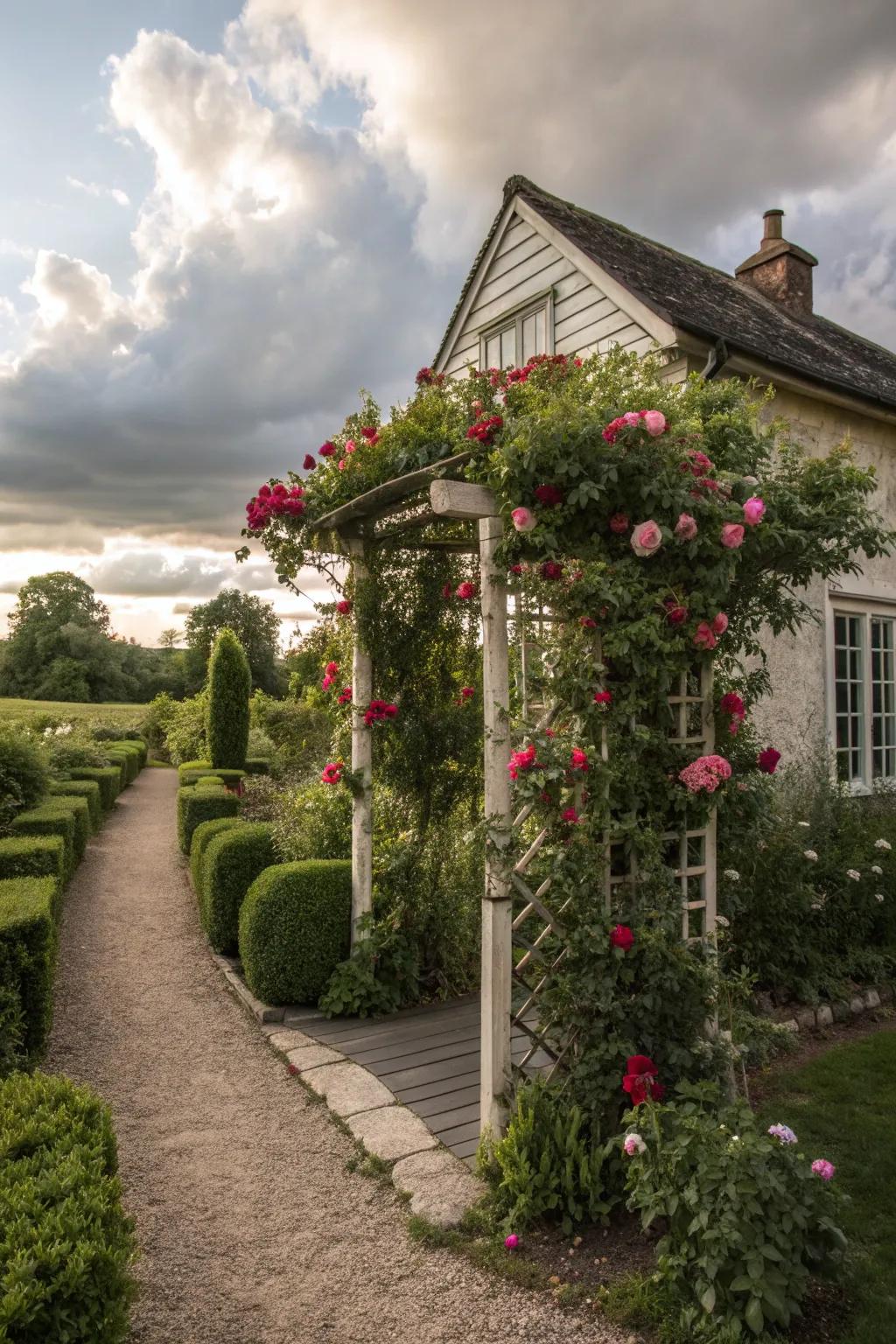 A cottage-style trellis with climbing roses evokes an English garden charm.