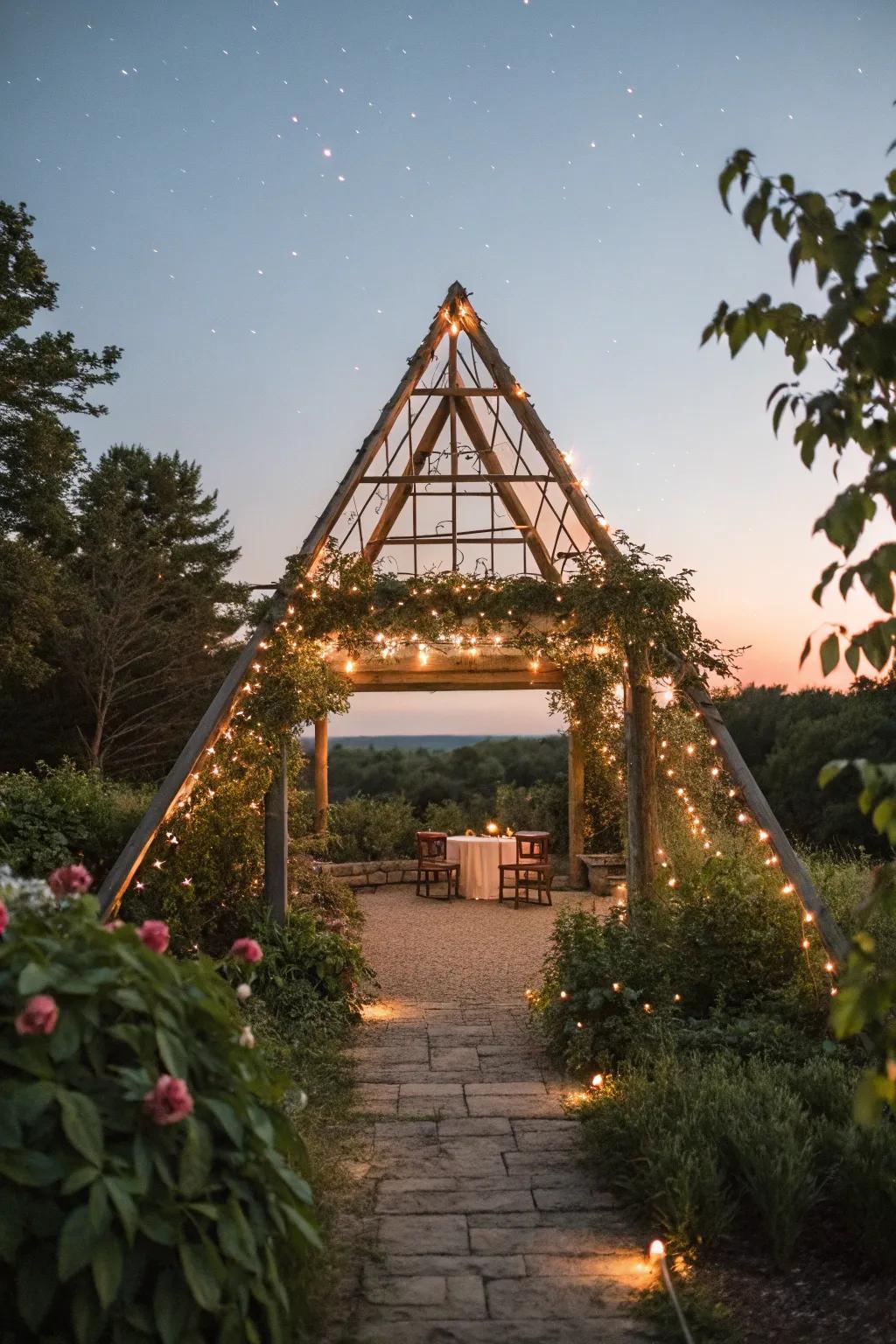 String lights casting a magical glow over a triangle pergola.