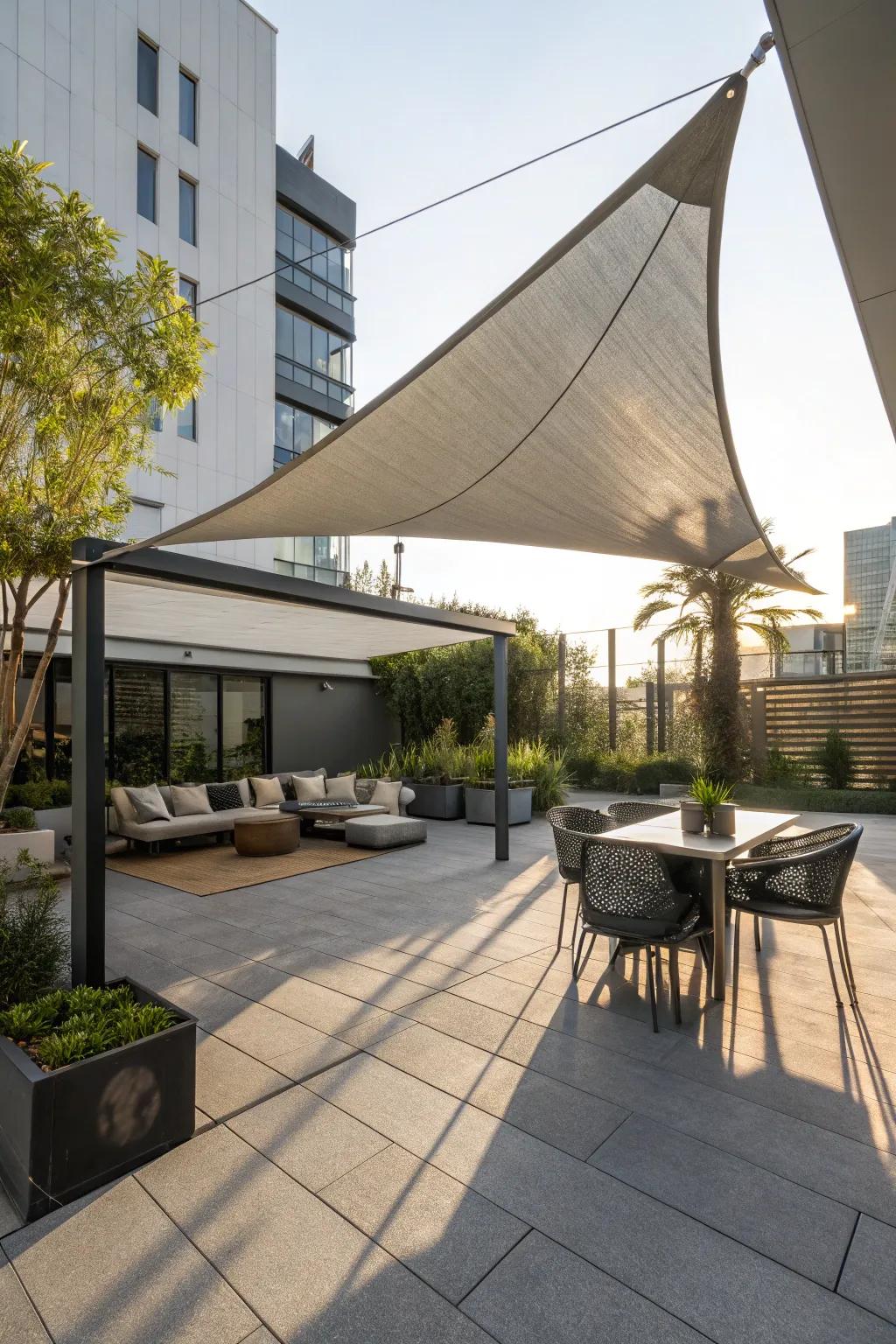 A retractable triangle sun shade offers flexible sun protection.