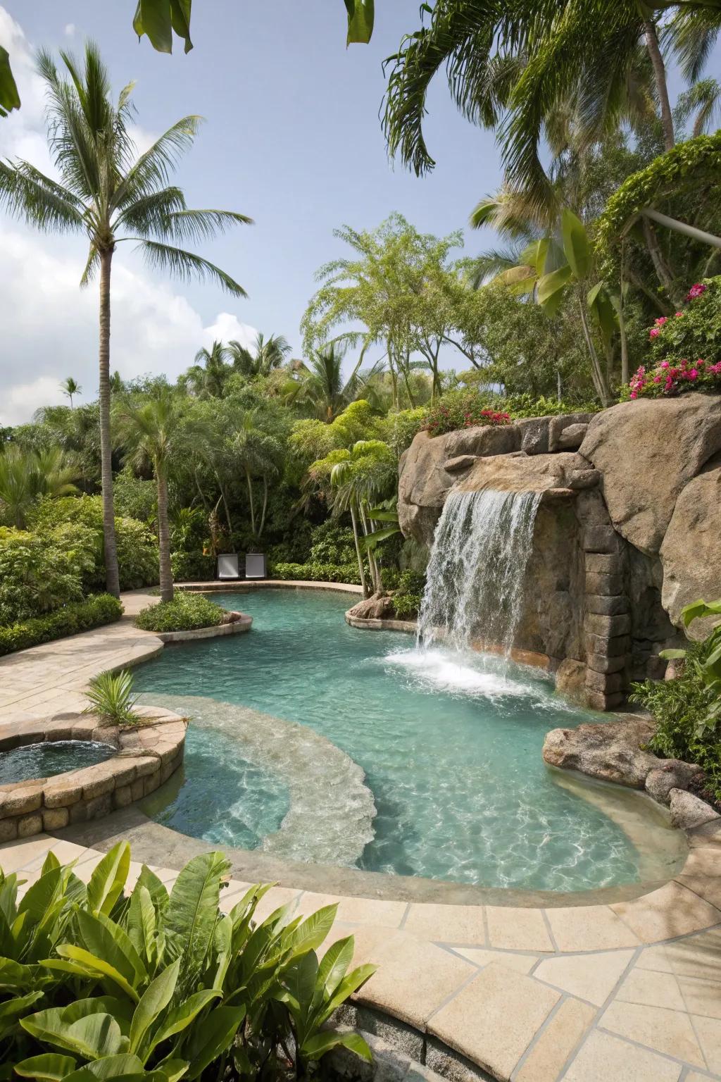 A spa with a waterfall facade offers relaxation and luxury.