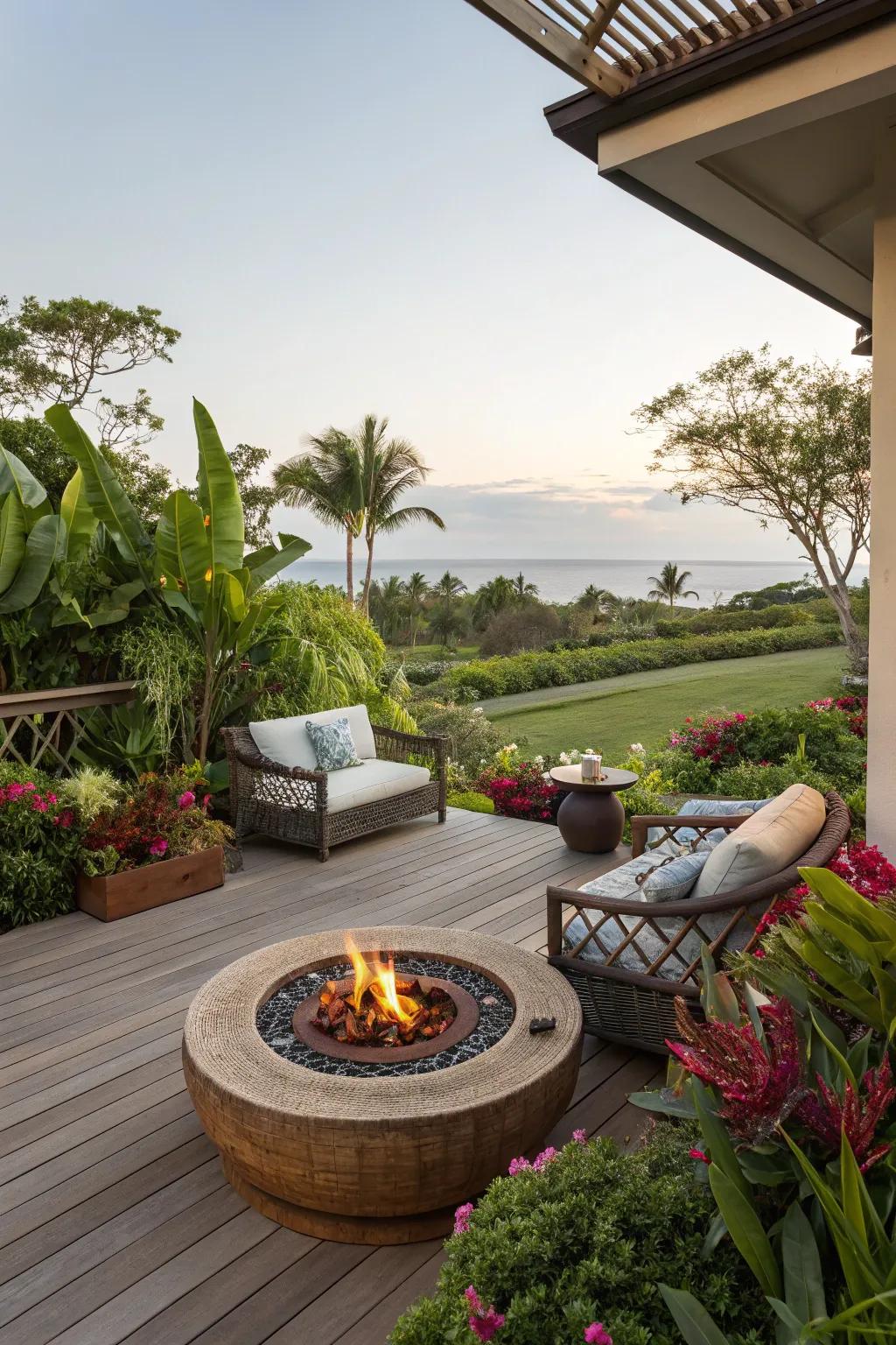 A stylish fire pit provides warmth and ambiance on a tropical deck.