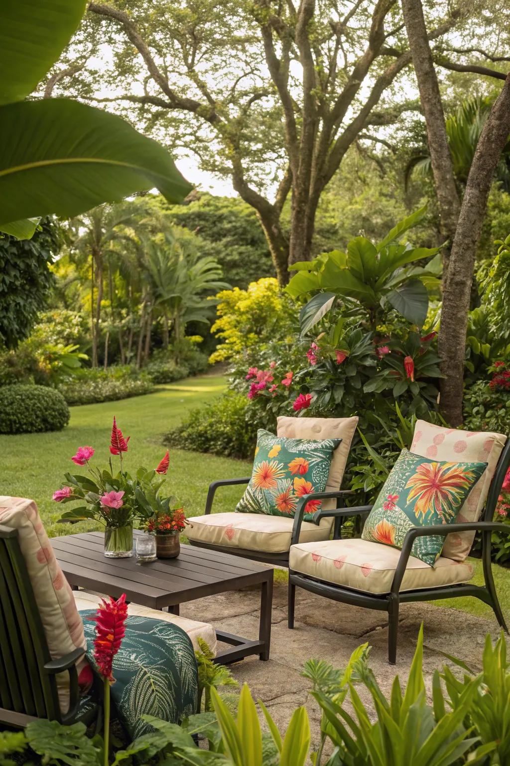 Tropical patterns add a playful touch.