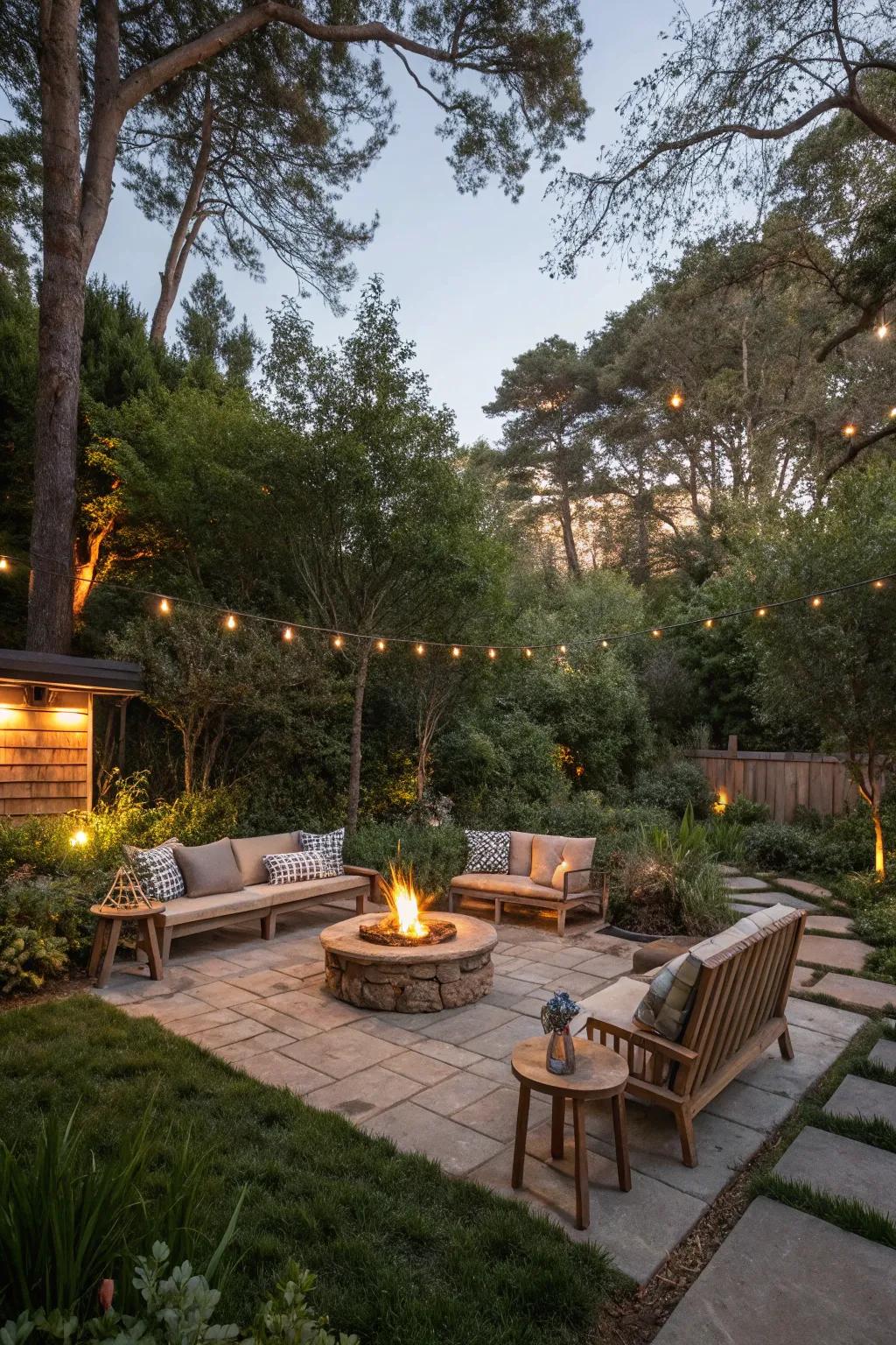 A fire feature adds warmth and ambiance.