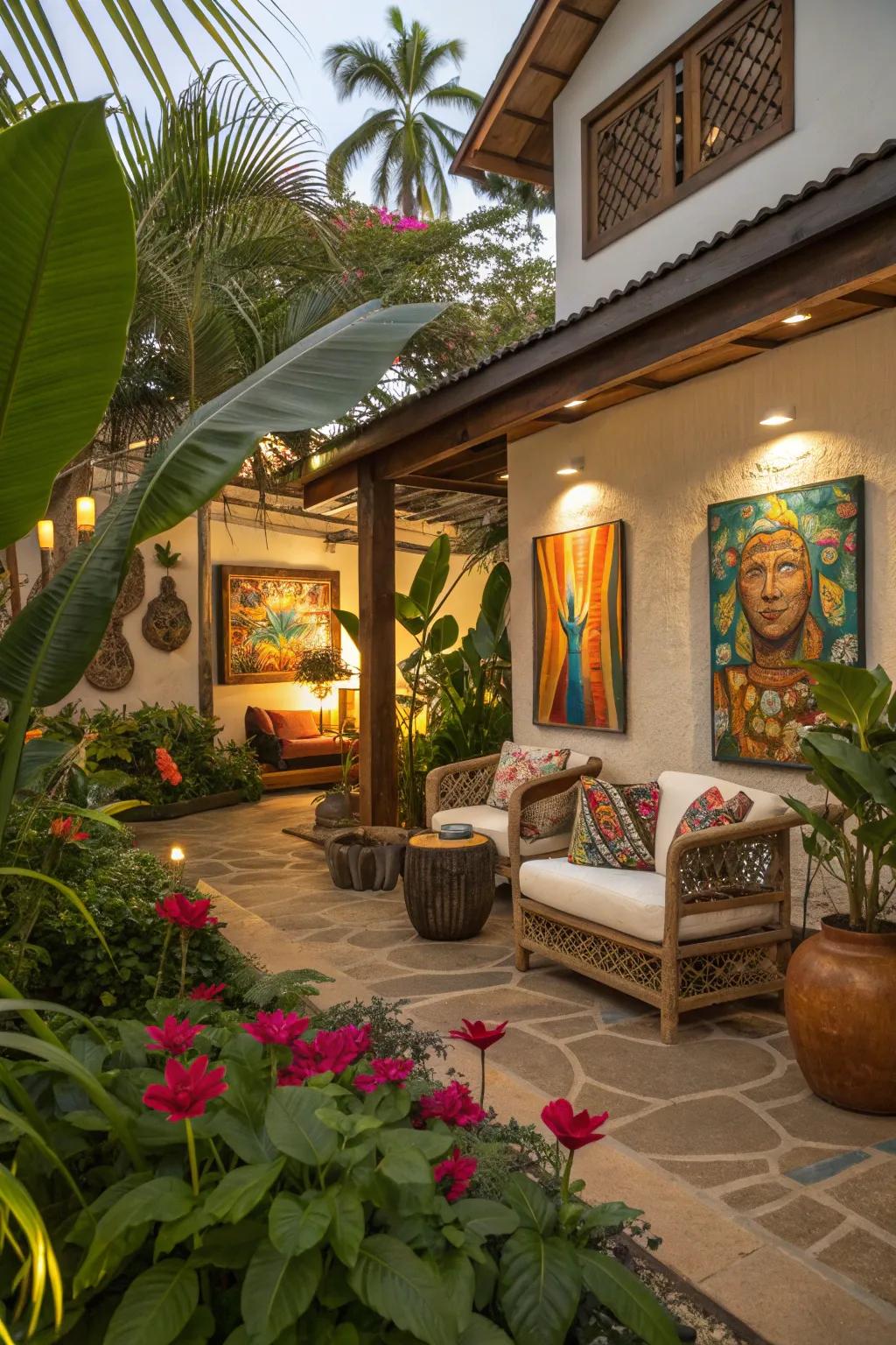Local art pieces add character and a unique touch to this tropical patio.