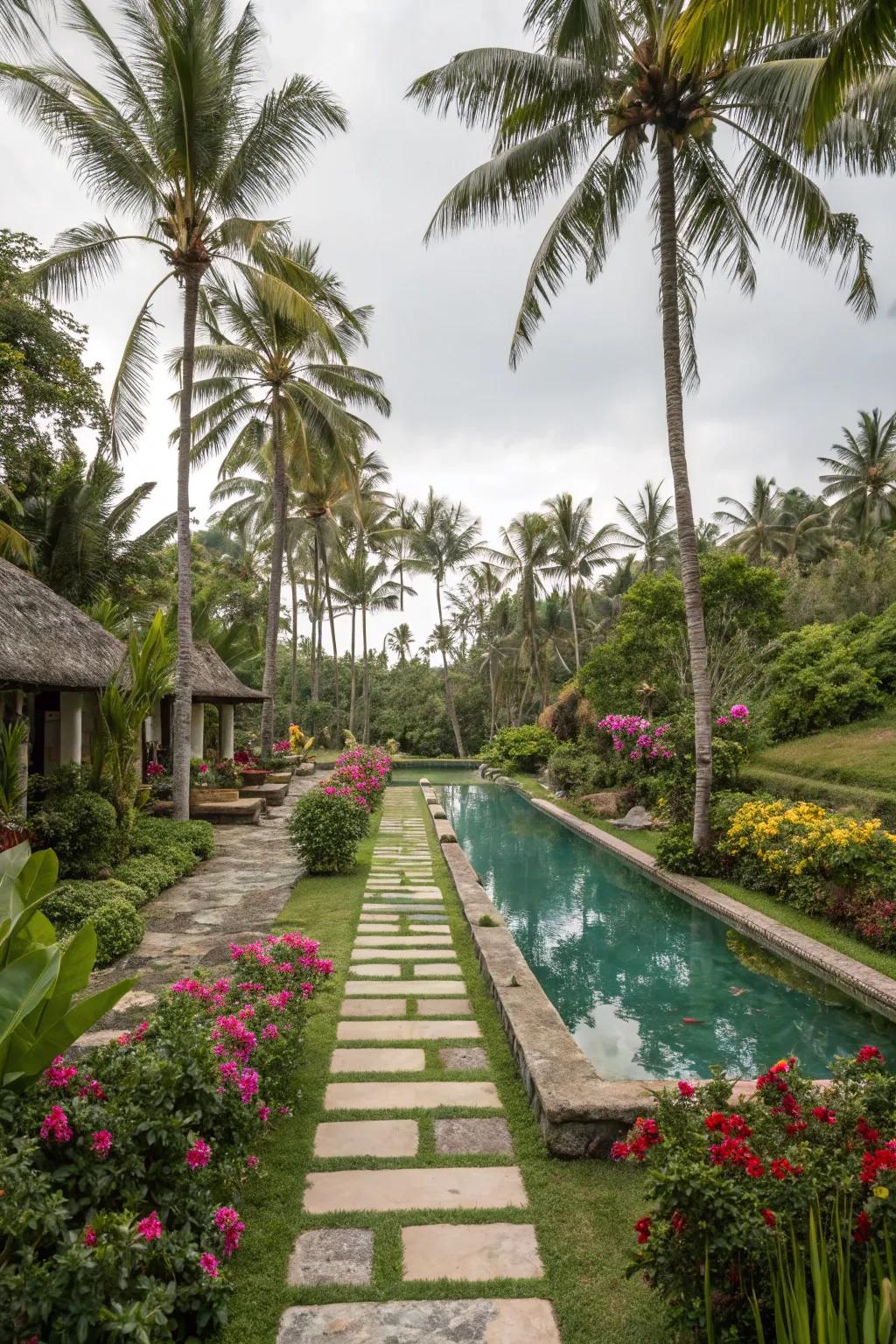 A tropical pool with elegant stone pathways.