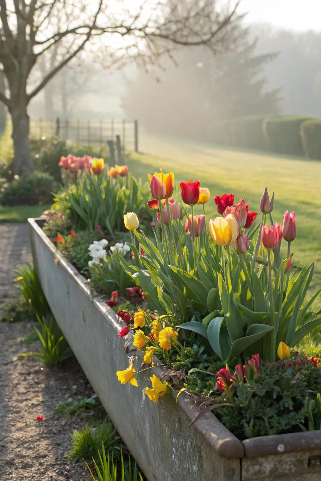 A dynamic seasonal display in a versatile trough planter.