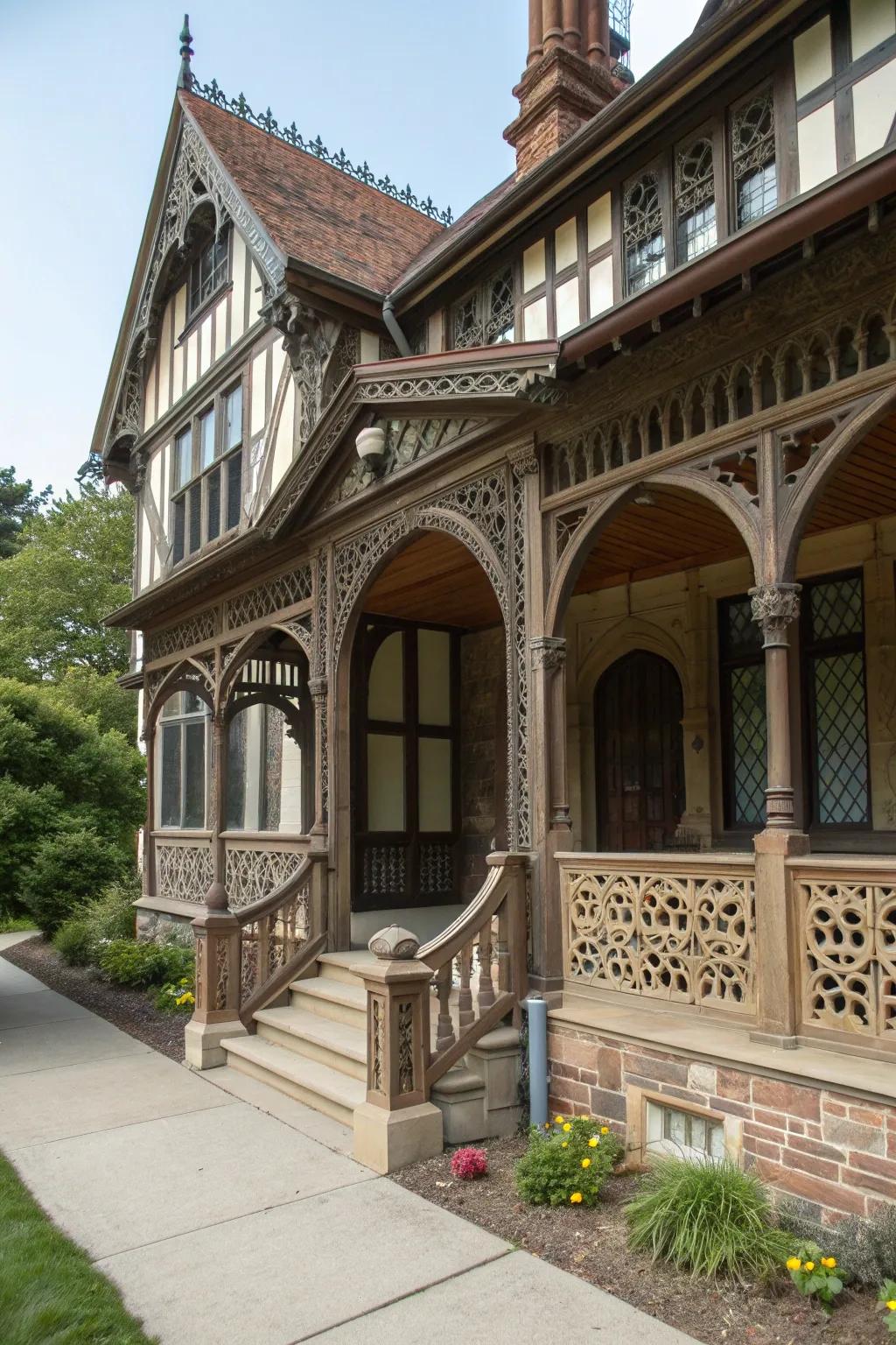 Elliptical arched openings provide a unique architectural element to this Tudor porch.