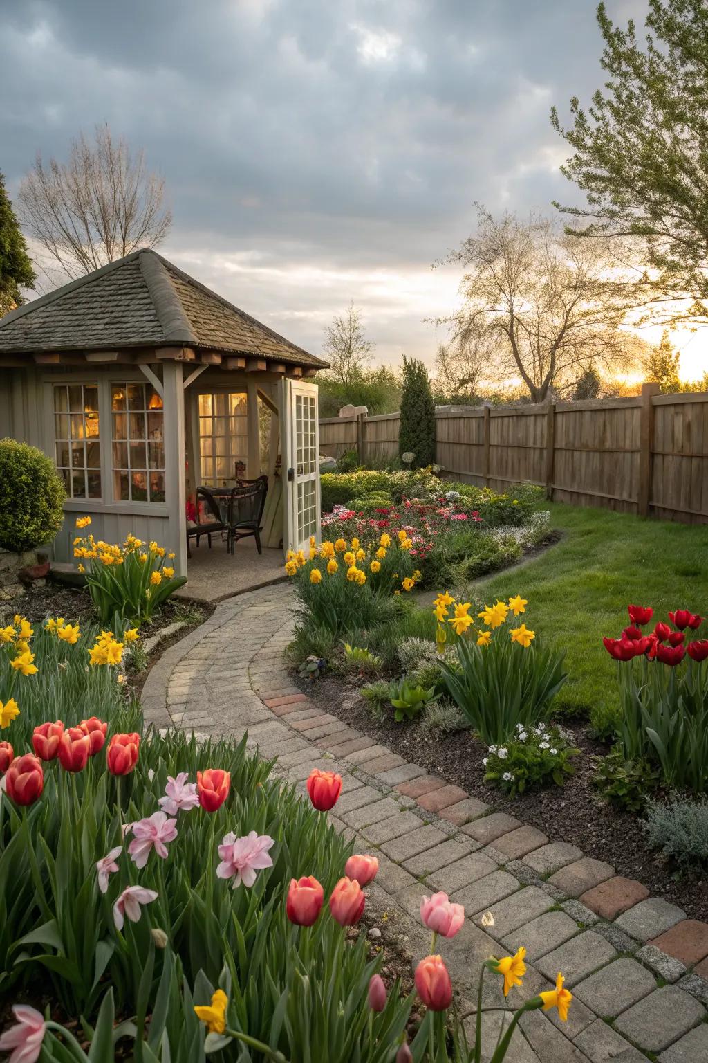 A peaceful garden spot surrounded by tulips and daffodils.