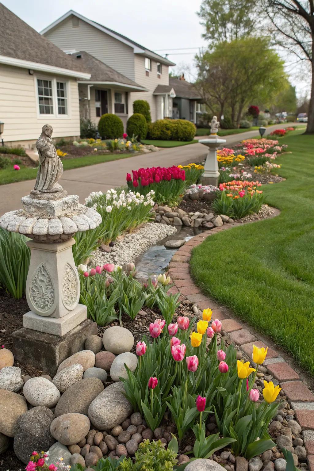 Decorative accents enhance the charm of tulip gardens.
