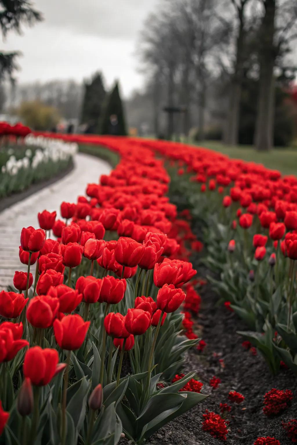 A monochrome tulip bed delivers a bold and unified garden look.