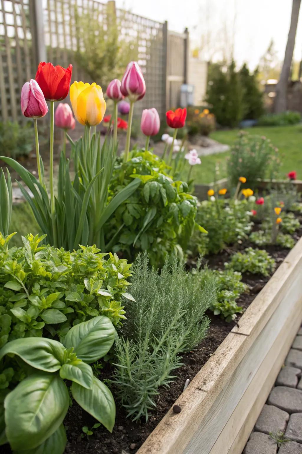 A fragrant and colorful mix of tulips and herbs.