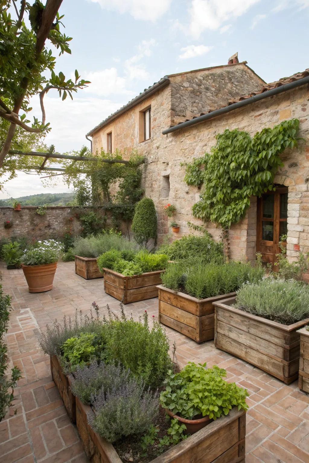 A herb garden provides fresh ingredients and adds greenery.