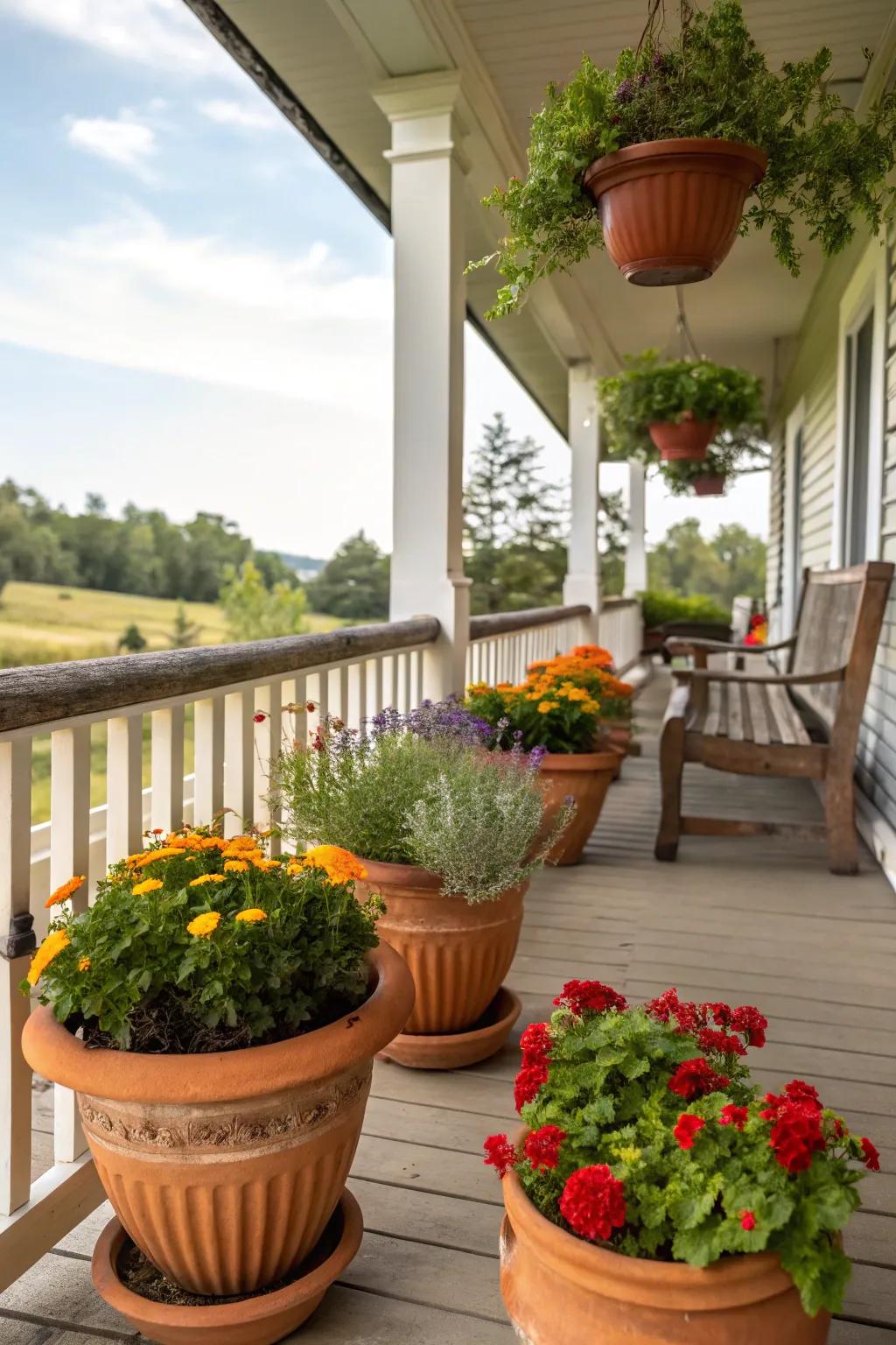 Clay pots bring a rustic and traditional element to the porch.