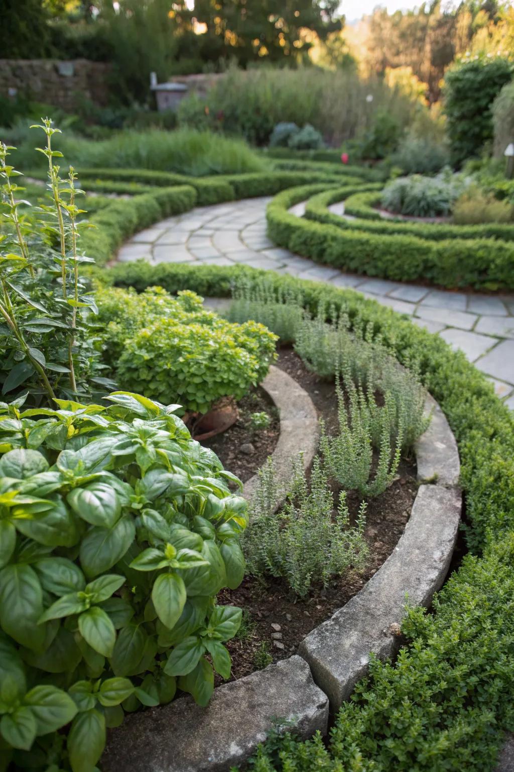 A herb spiral maximizes space and provides fresh flavors.