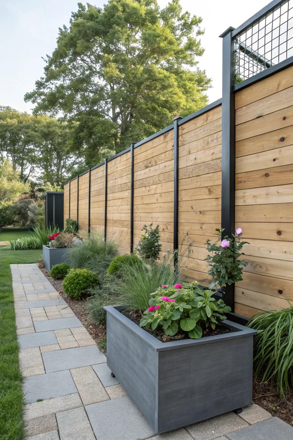 Wood and metal fence bringing a modern industrial touch to a garden.