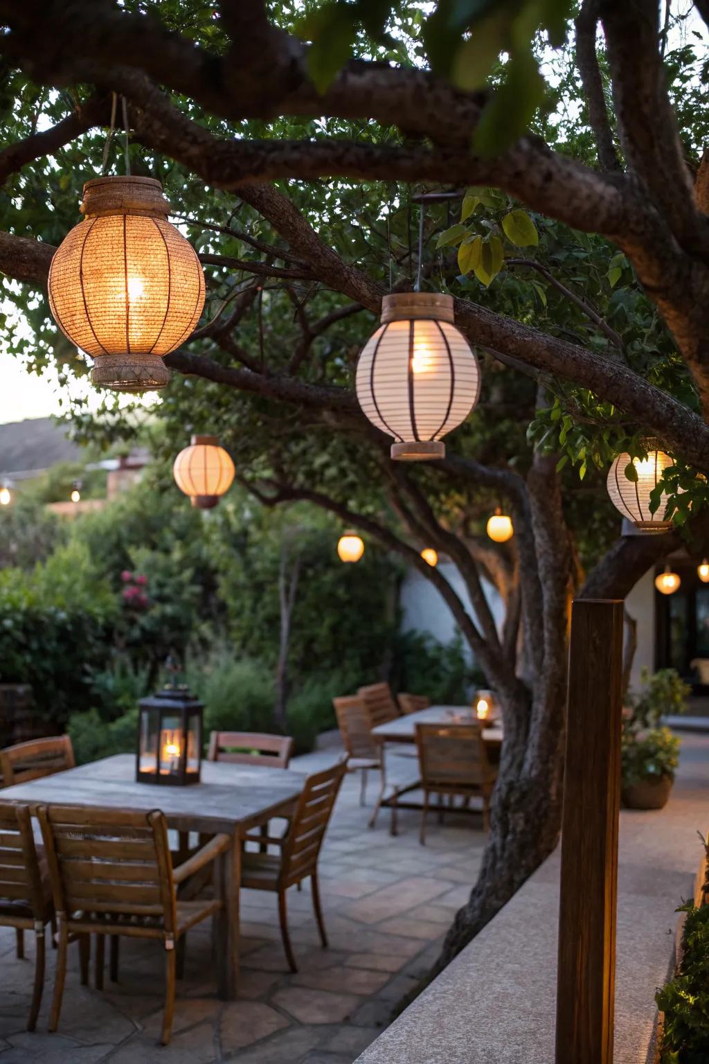 Hanging lanterns create a whimsical nighttime glow.