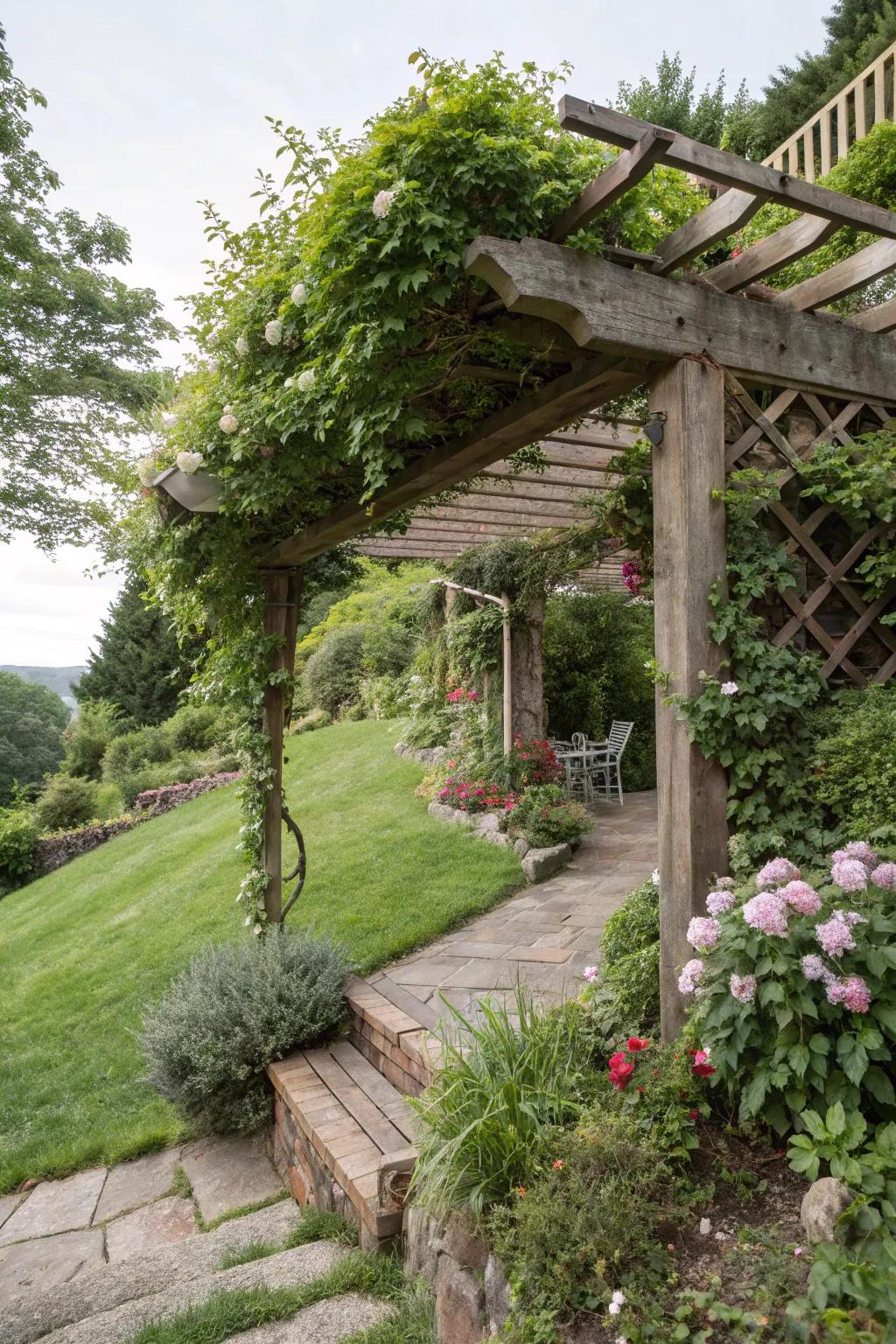A pergola offers shade and beauty.