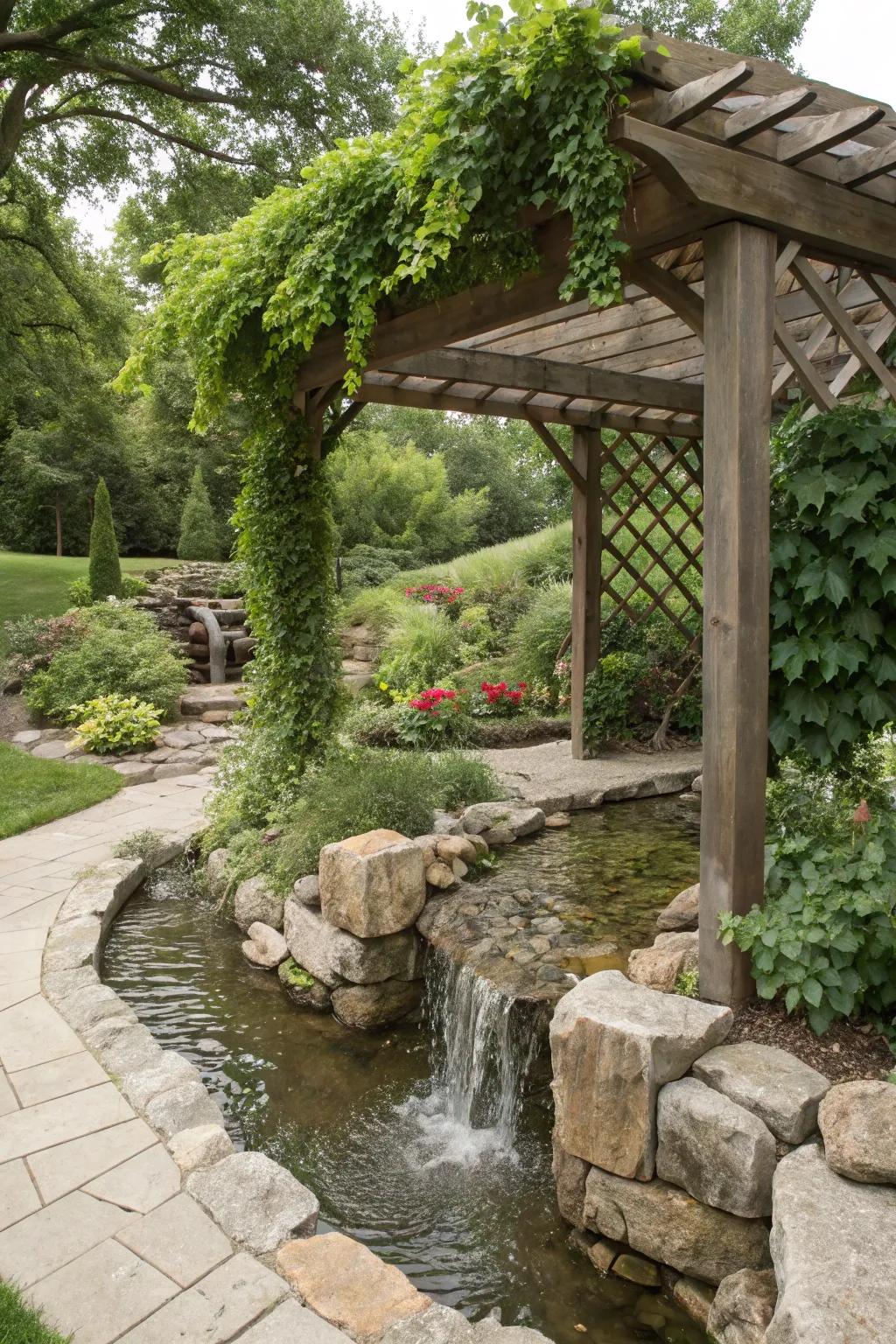 A water feature adds tranquility to your pergola area.