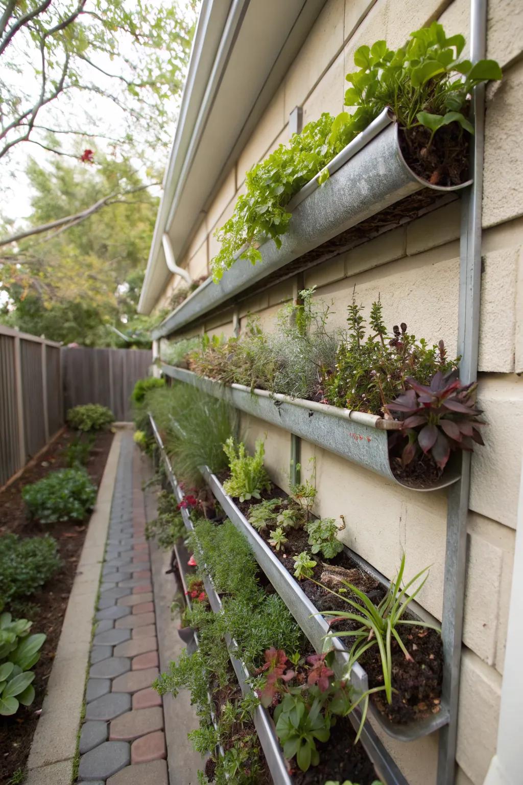 Rain gutters provide an innovative vertical planting solution.