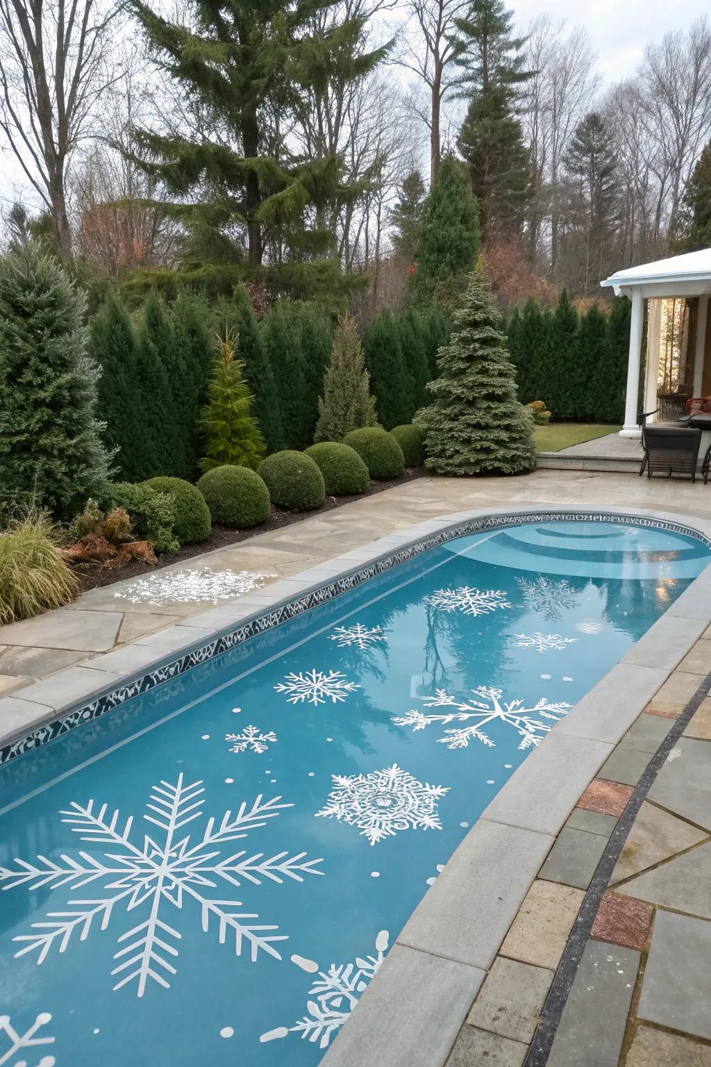 A pool with seasonal paint design featuring a winter wonderland theme.