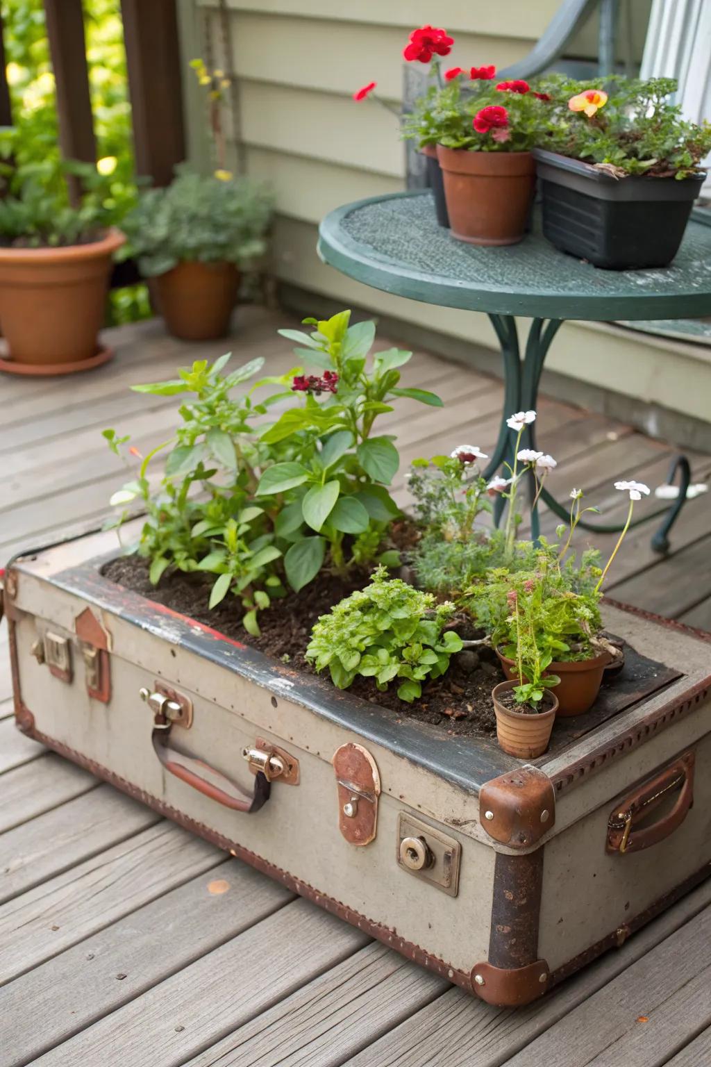 A vintage suitcase adds a touch of travel-inspired charm to the garden.