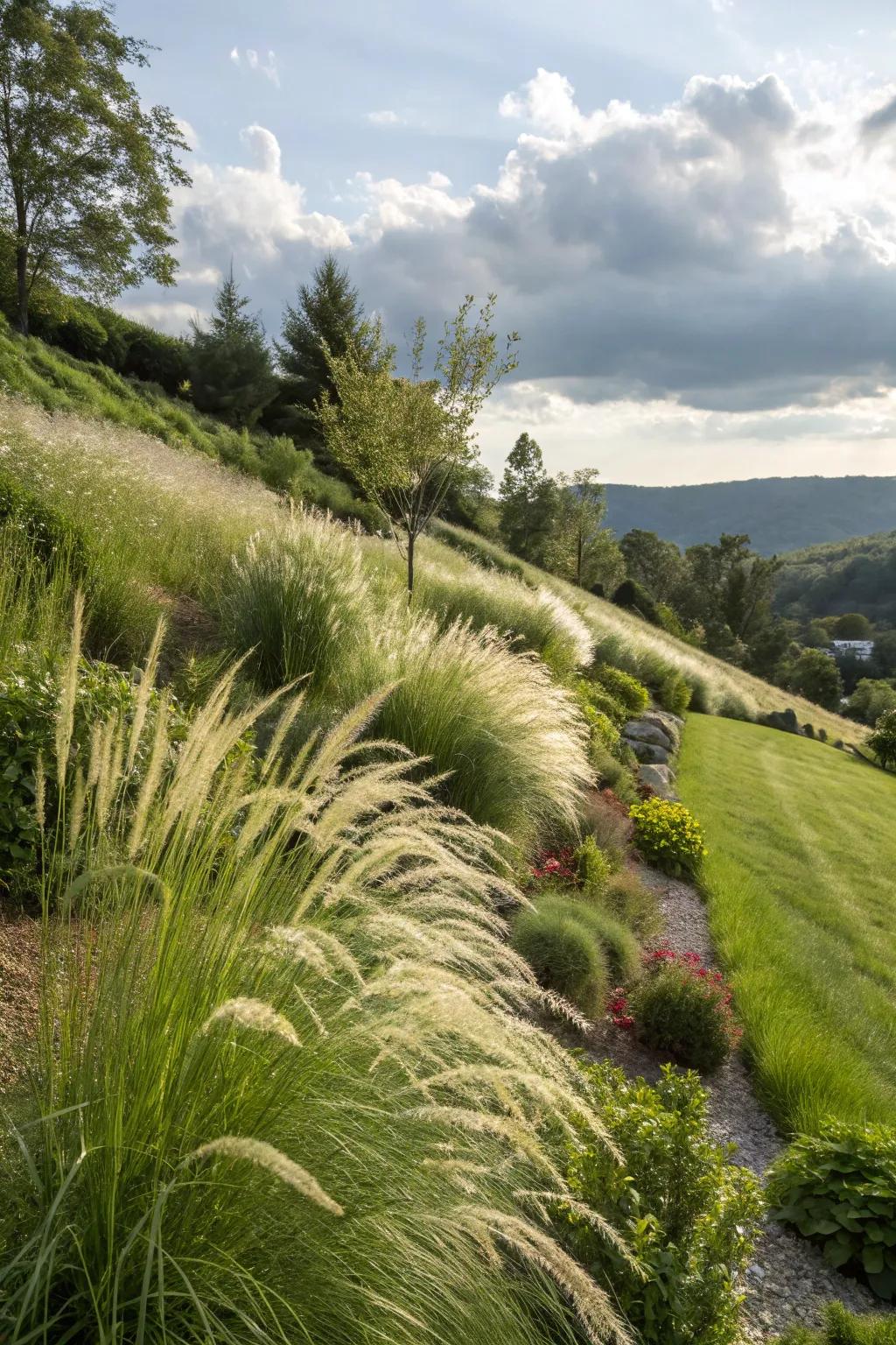 Ornamental grasses add texture and help stabilize slopes.