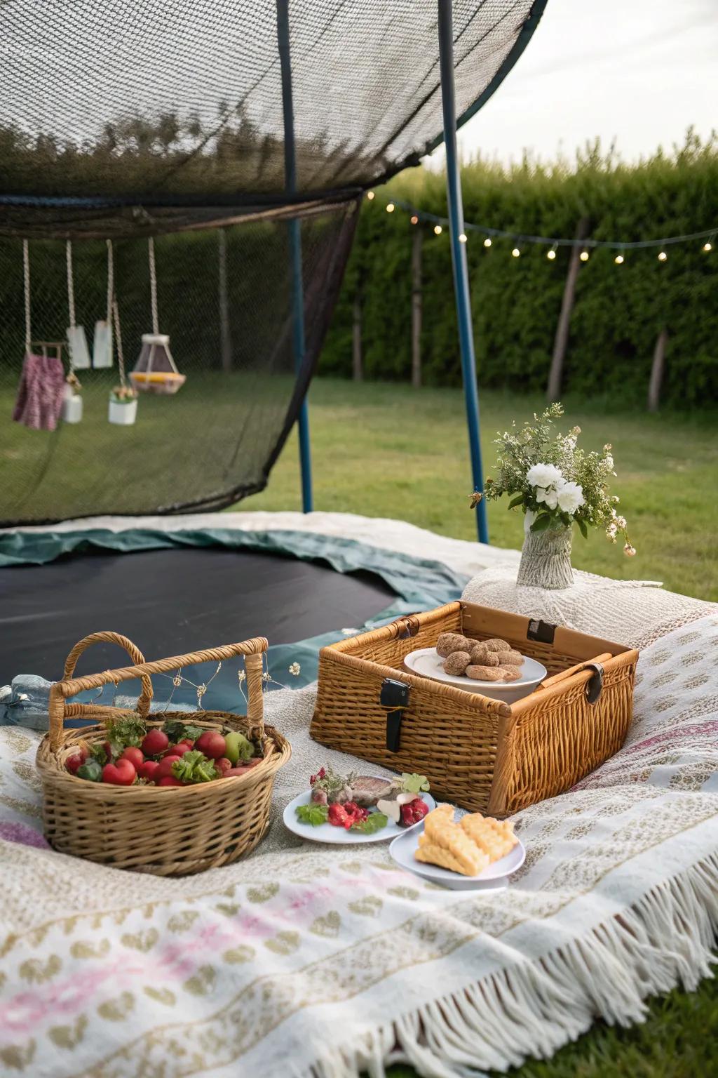 Create a charming picnic spot beneath your trampoline for outdoor dining.