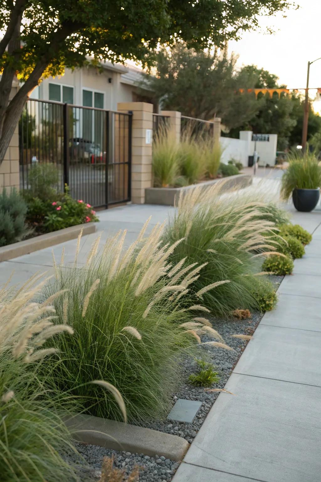 Ornamental grasses add texture and movement to this urban front yard.