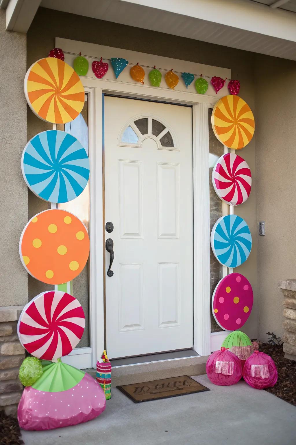 Candy-themed decorations bring a playful and sweet vibe to your door.