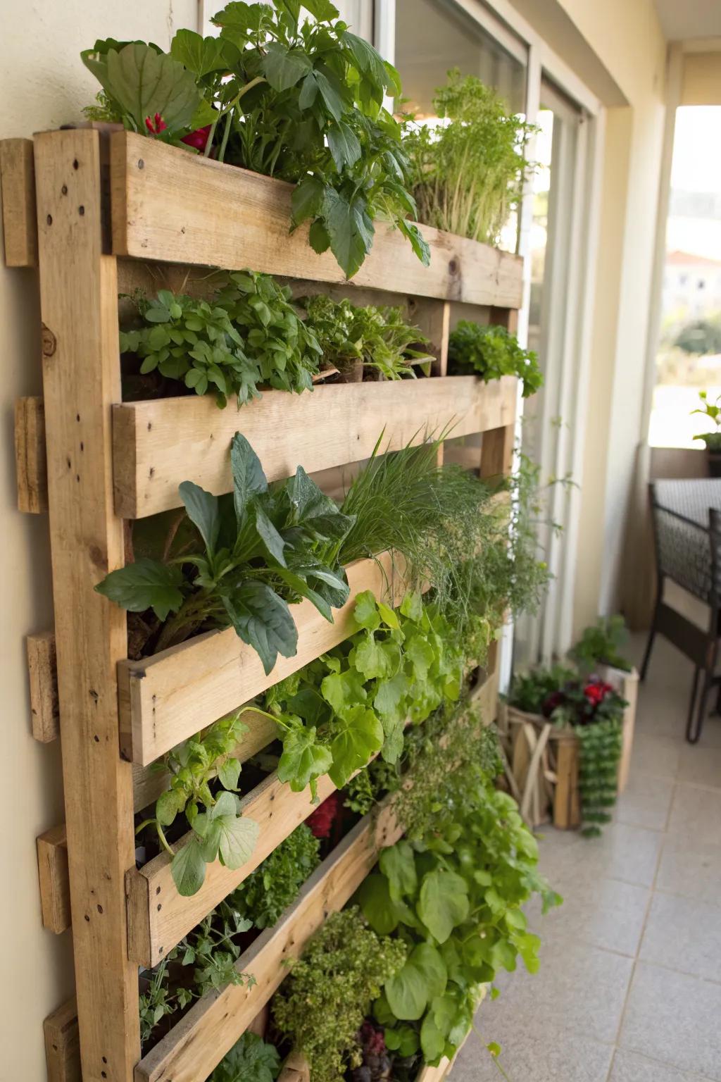 An upcycled pallet transformed into a rustic vertical planter.