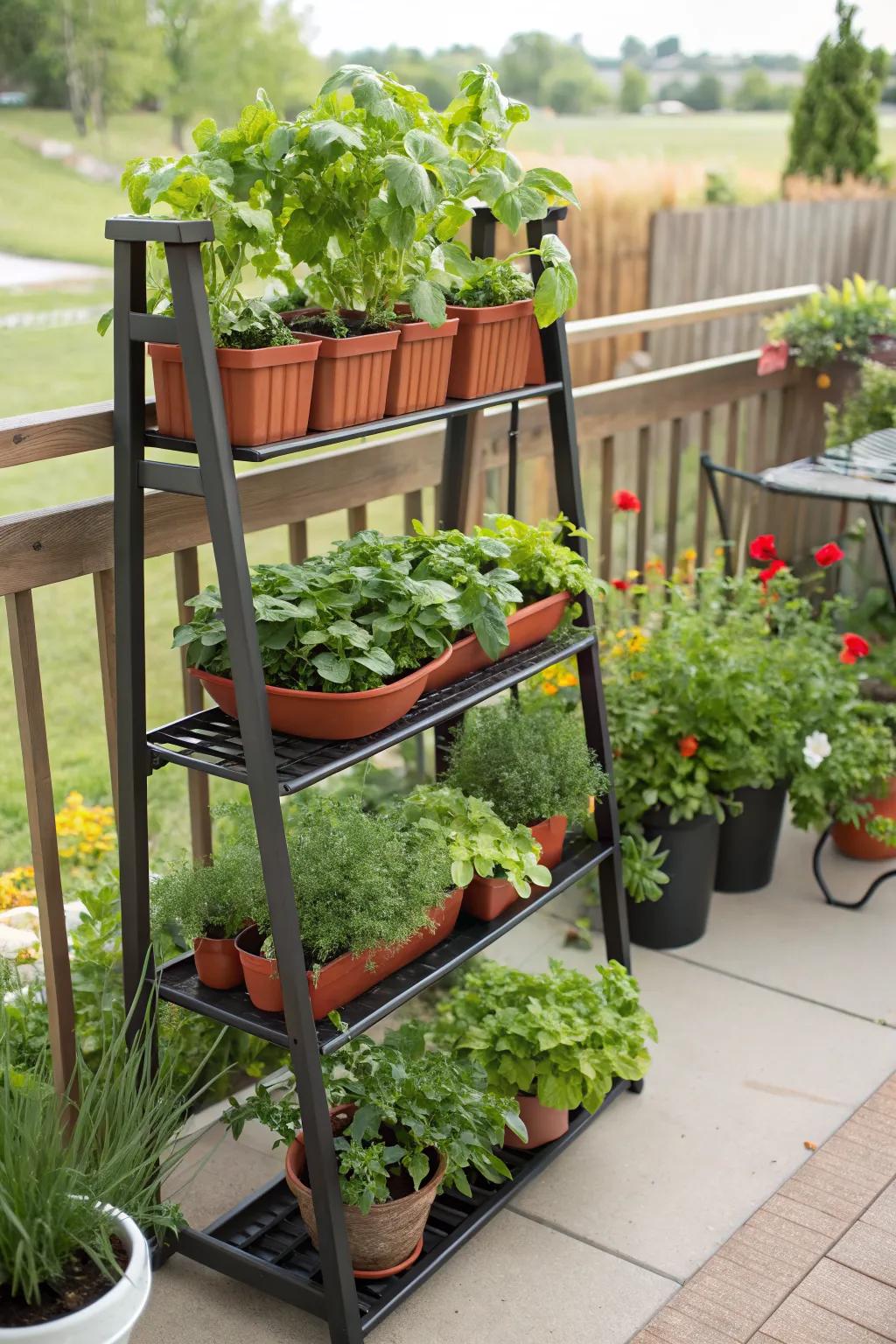 Stacked shelves create a lush, layered garden.