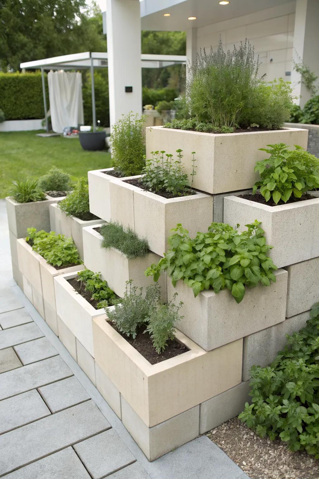Concrete blocks provide a sturdy base for herbs and vegetables.