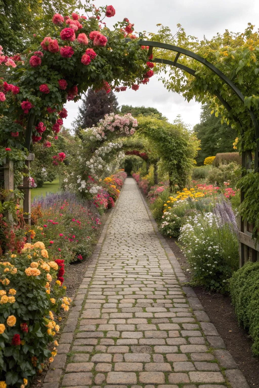 Sweeping flower borders create a vibrant garden frame.