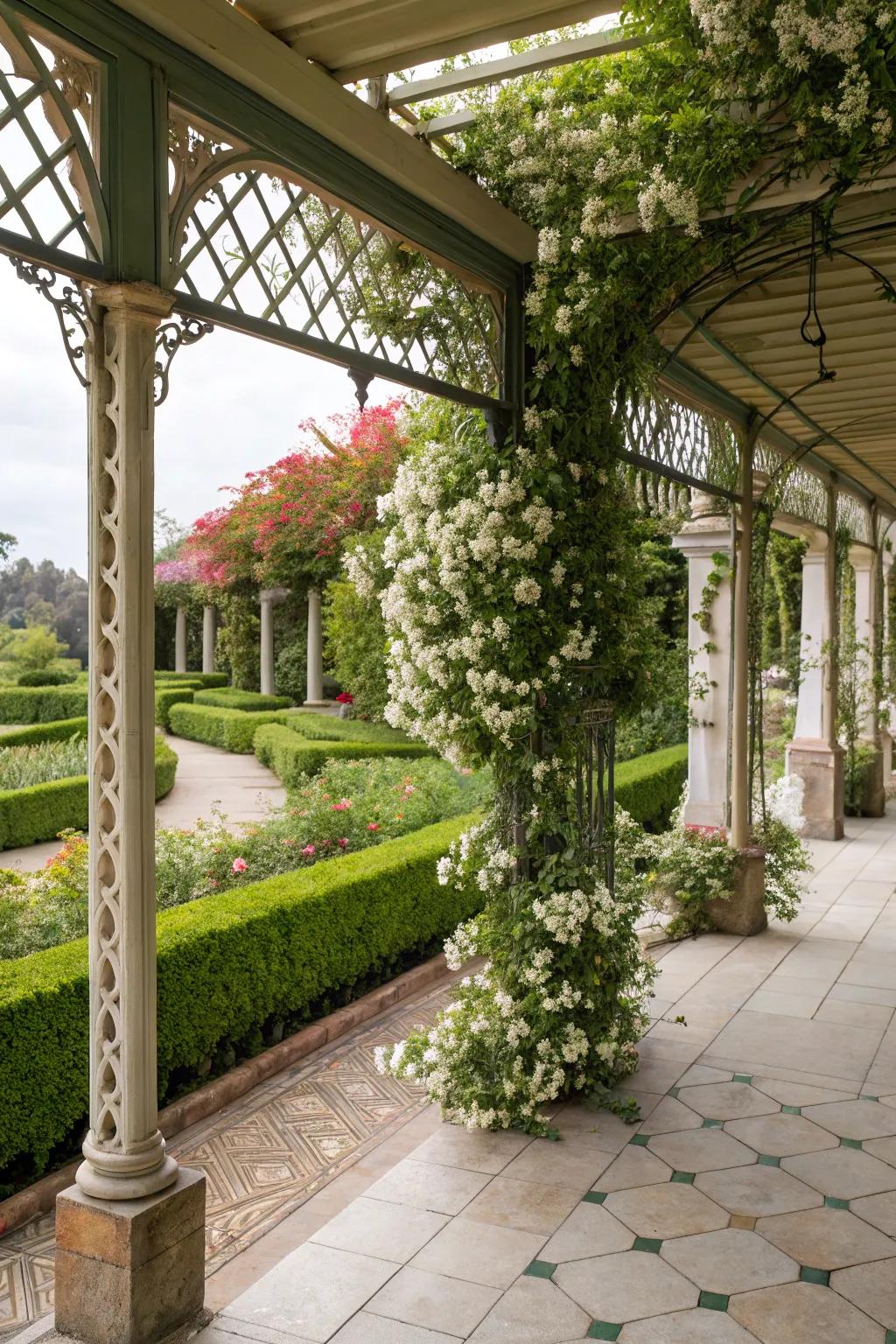 Decorative trellises with jasmine enhance this Victorian patio.