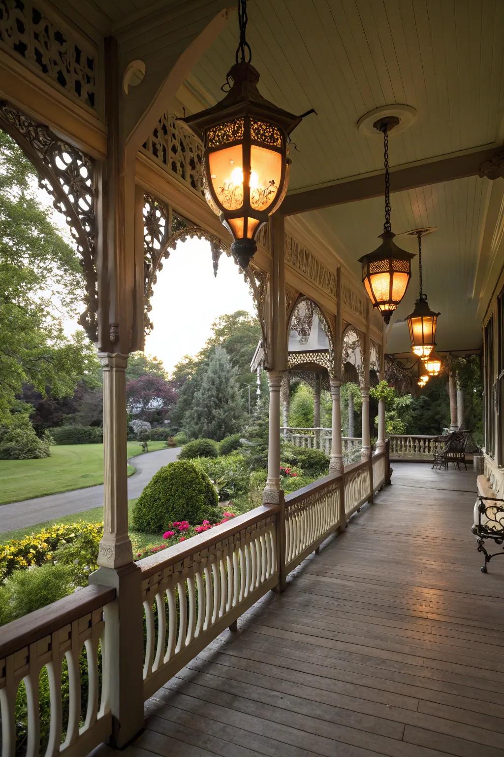 Victorian porch featuring hanging lanterns that create a warm, inviting glow.