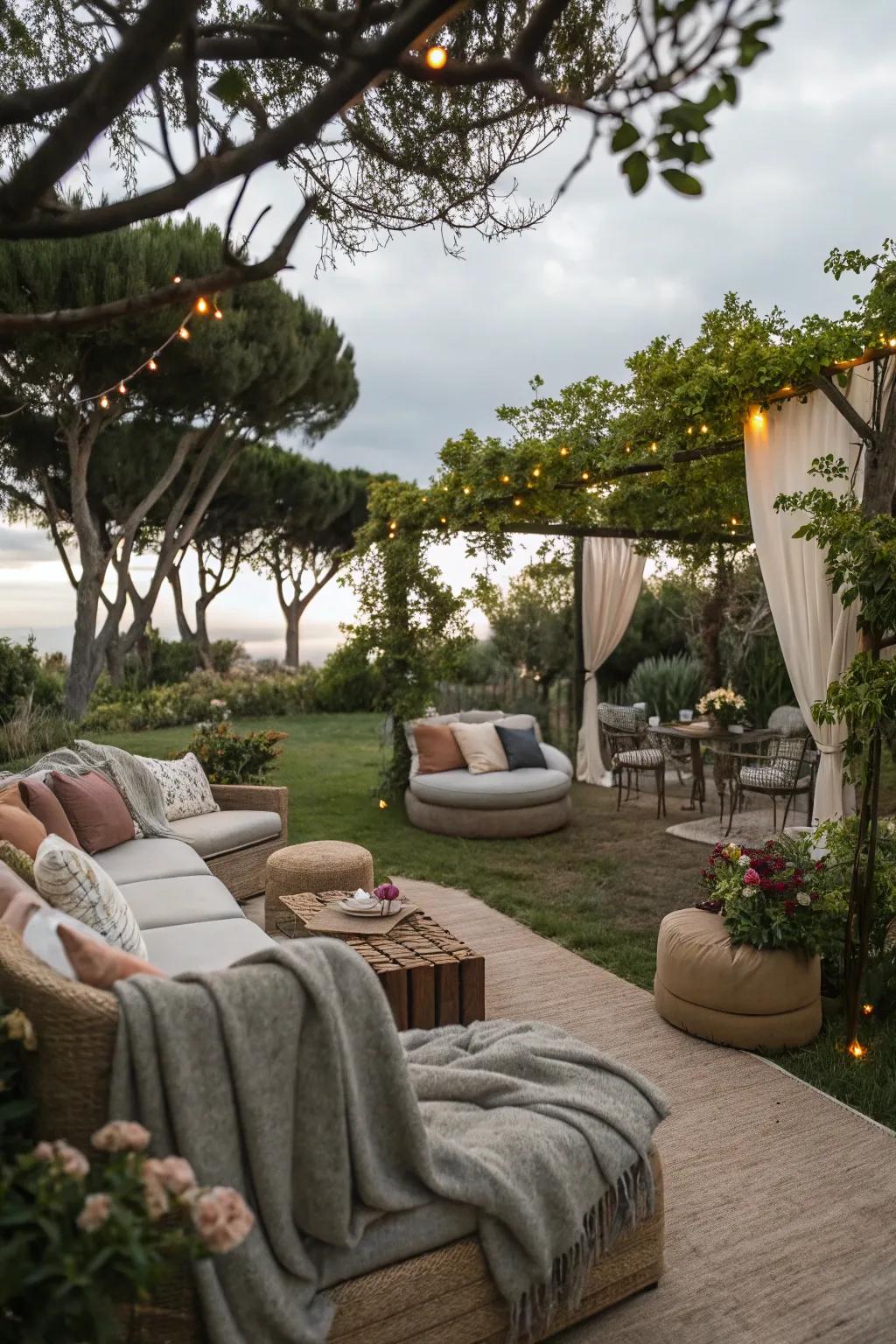 A cozy lounge area offers warmth and comfort as the sun goes down.